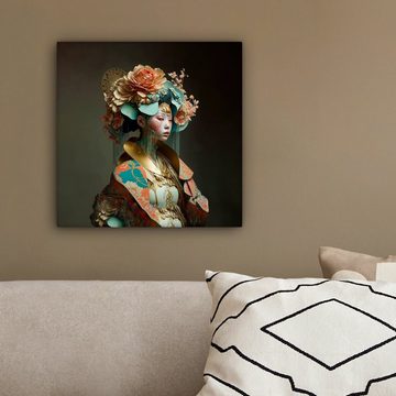 OneMillionCanvasses® Leinwandbild Frau - Blumen - Orange - Porträt - Asiatisch, (1 St), Leinwand Bilder für Wohnzimmer Schlafzimmer
