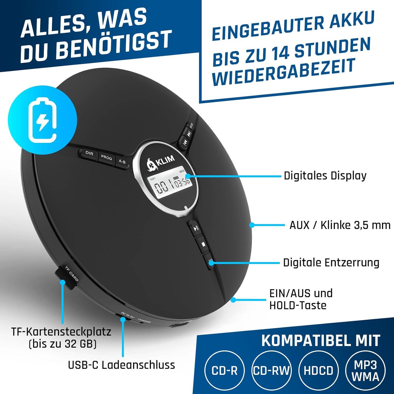 KLIM tragbarer Discman mit Kopfhörer Stereo-CD Player (hochwertiger CD-Spieler für unverwechselbares Hörerlebnis, MP3)