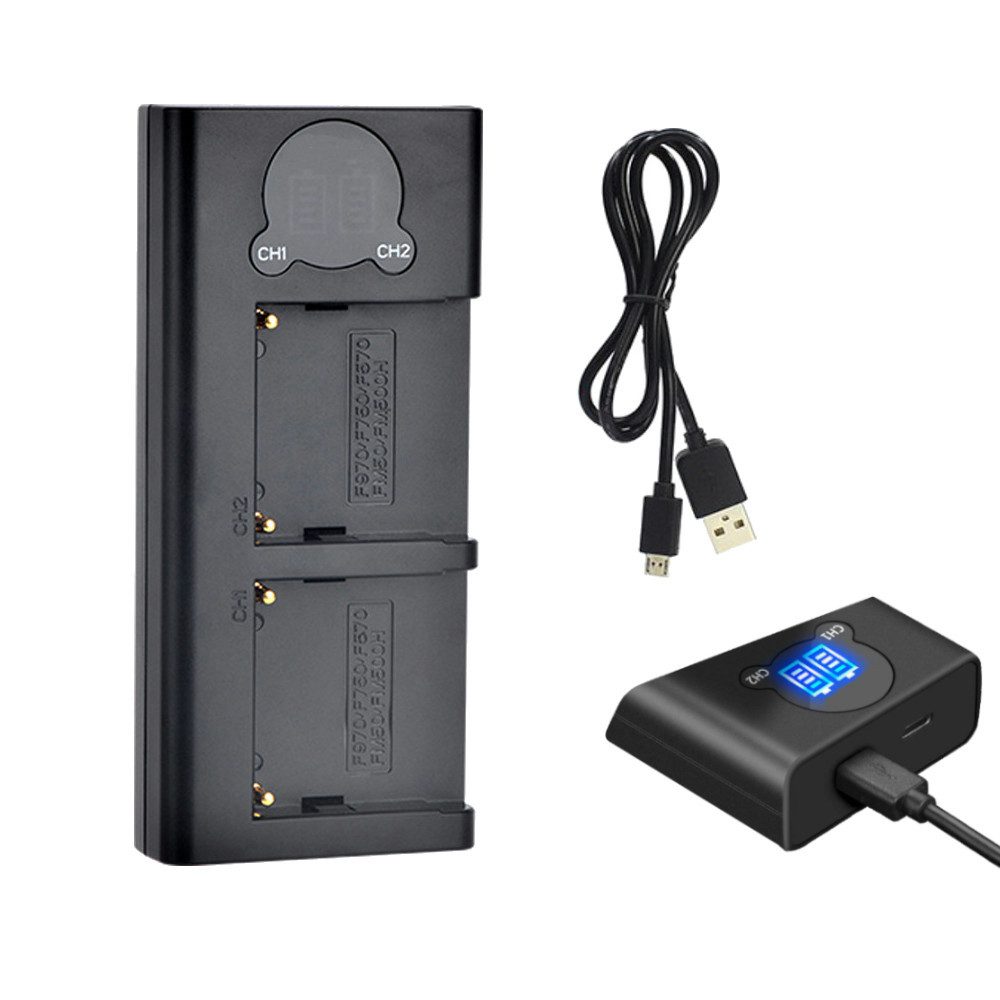 Trade-Shop Dual Lader passend für Sony NP-F930 NP-F950 NP-F970 NP-FM50 NP-FM500H Kamera-Ladegerät (mit Micro-USB und USB-C Anschluss)