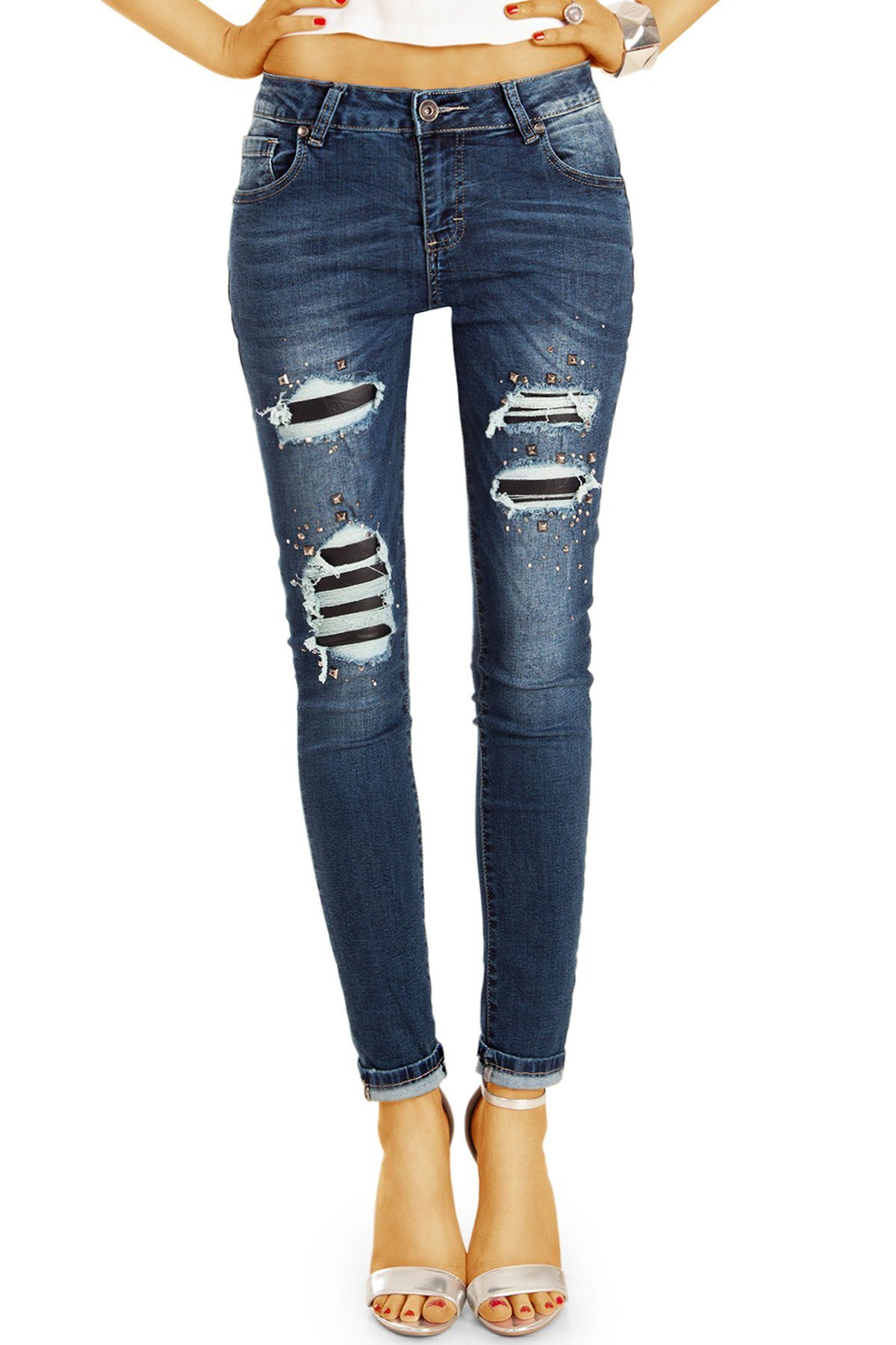 be styled Destroyed-Jeans Medium Waist - Damen j11k 5-Pocket-Style 40 Röhrenjeans Destroyed Look Nieten Stretch-Anteil, - mit