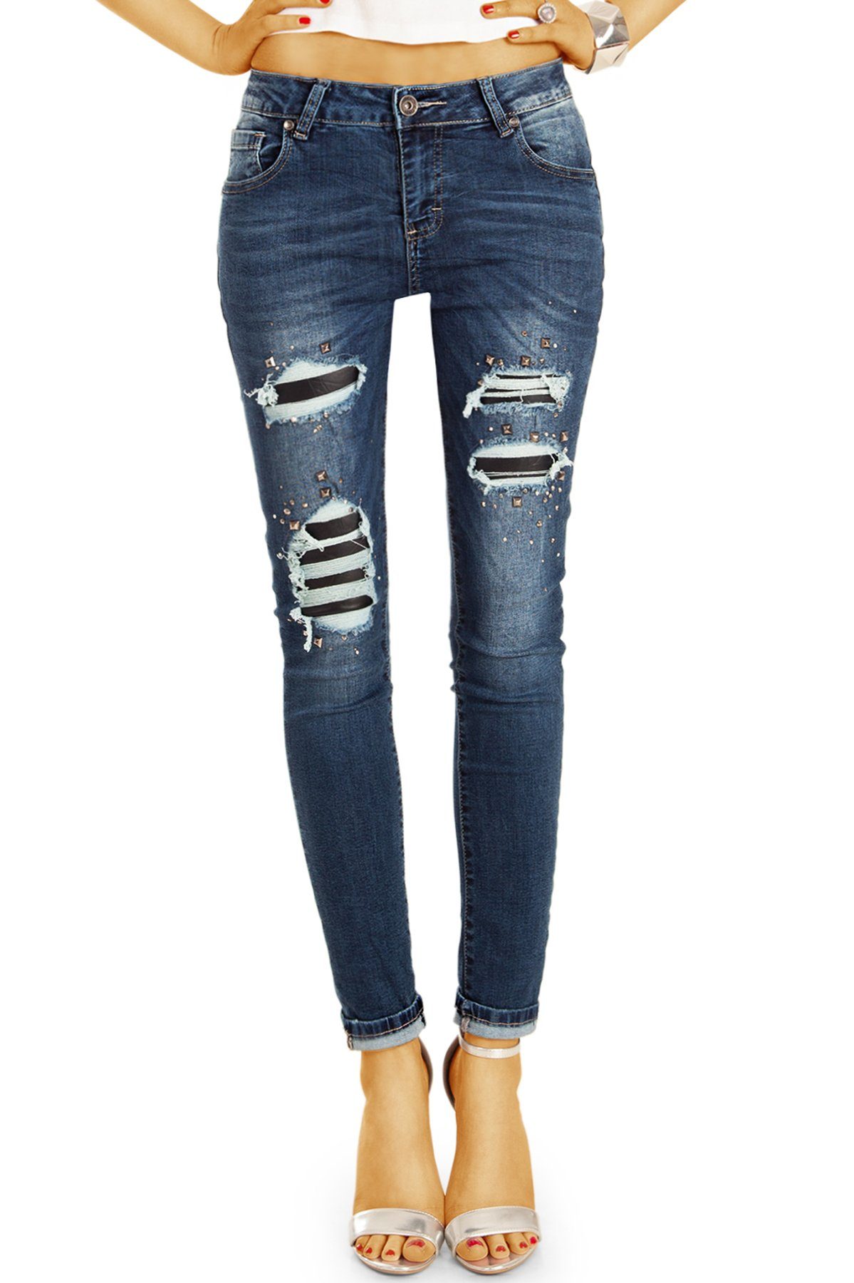 Destroyed Destroyed-Jeans mit Röhrenjeans Damen - Stretch-Anteil, j11k - Medium Waist 38 Nieten be 5-Pocket-Style styled Look