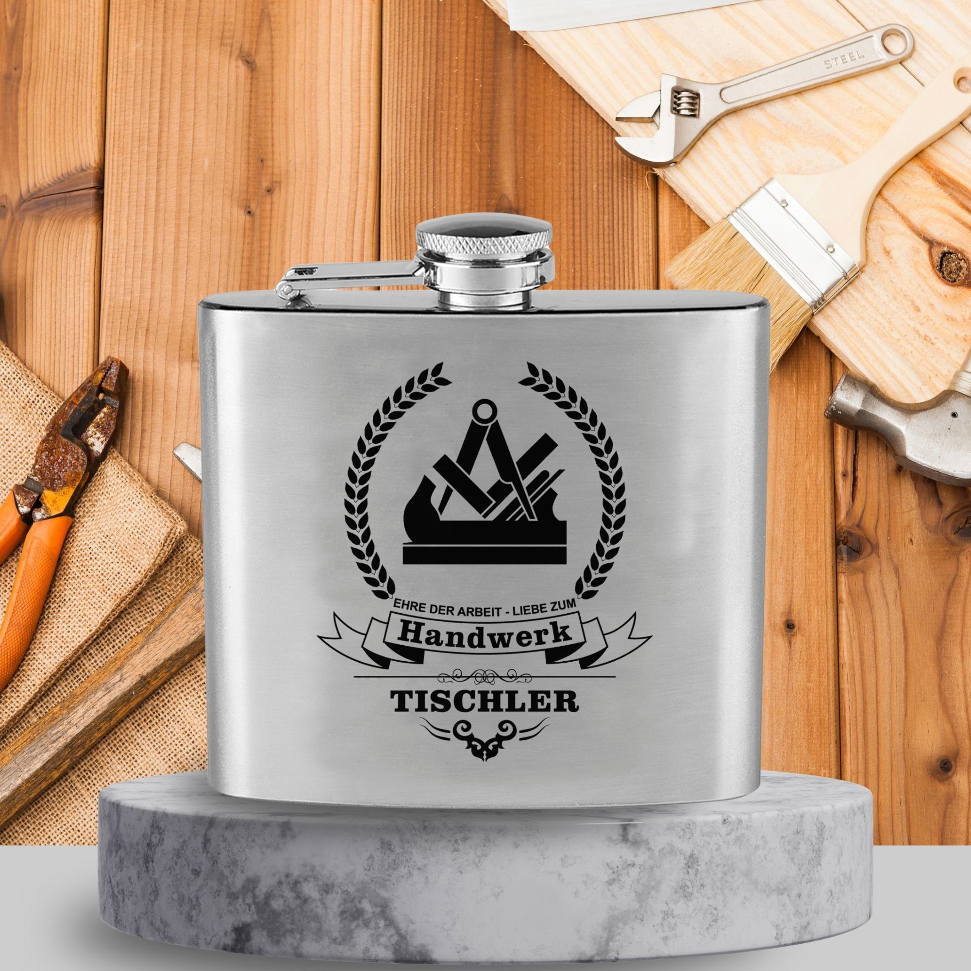 Lasernauten Flachmann Edelstahl Flachmann 170 ml mit Gravur Tischler Handwerk Zunft Zünfte, Edelstahl