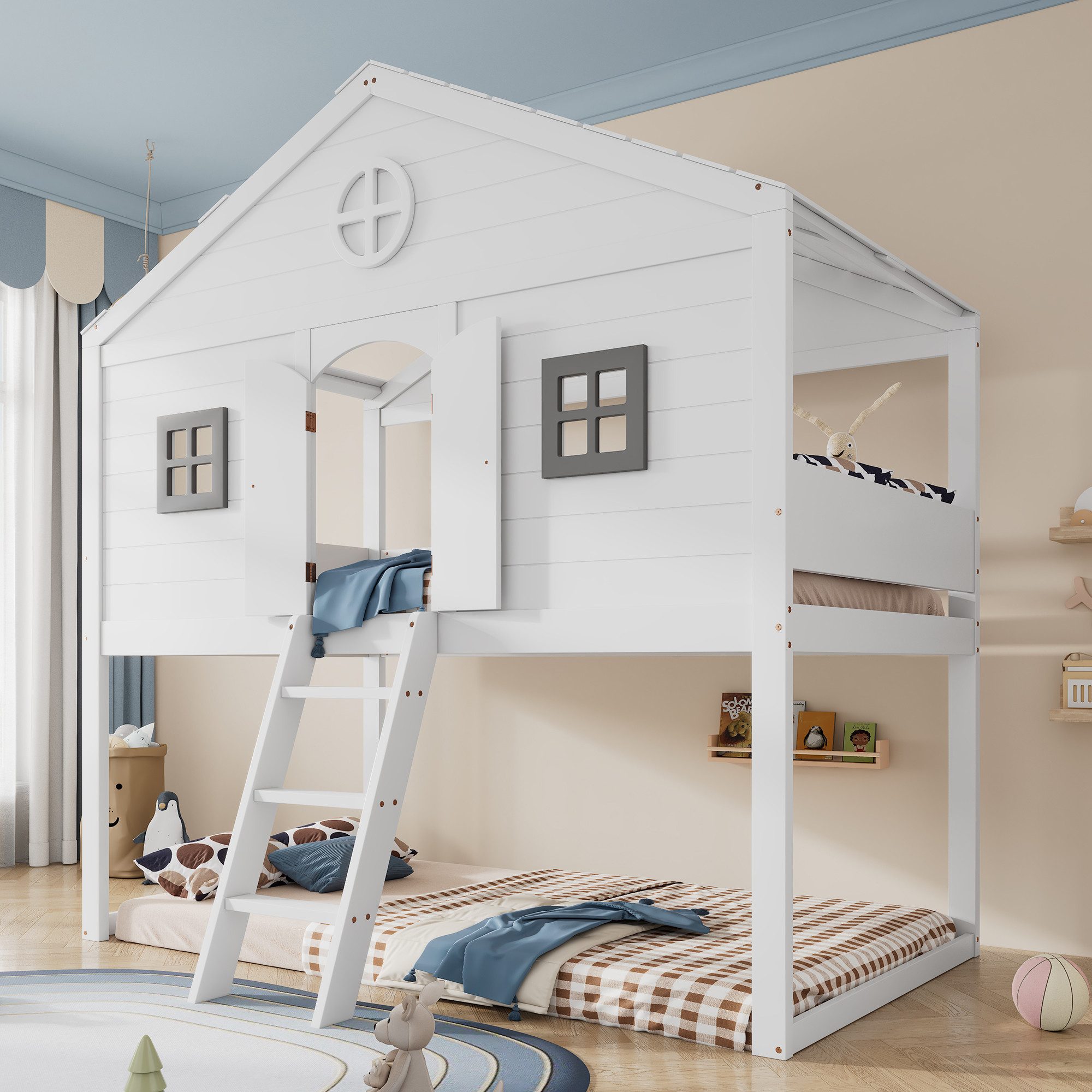 Flieks Etagenbett, Hausbett Kinderbett 90x200cm mit dreistufiger Leiter, Tü günstig online kaufen