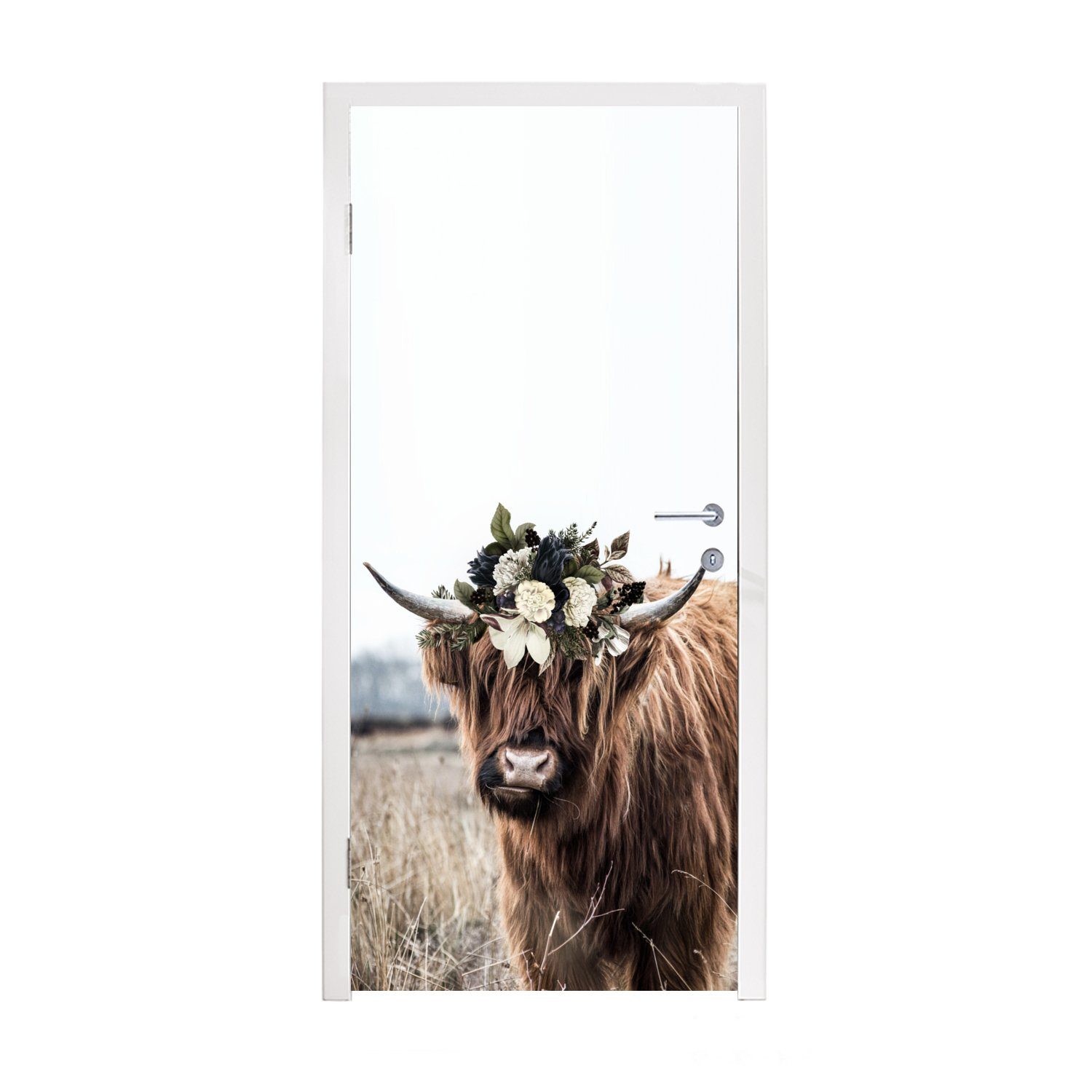 MuchoWow Türtapete Schottischer Highlander - Blumen - Tiere, Matt, bedruckt, (1 St), Fototapete für Tür, Türaufkleber, 75x205 cm