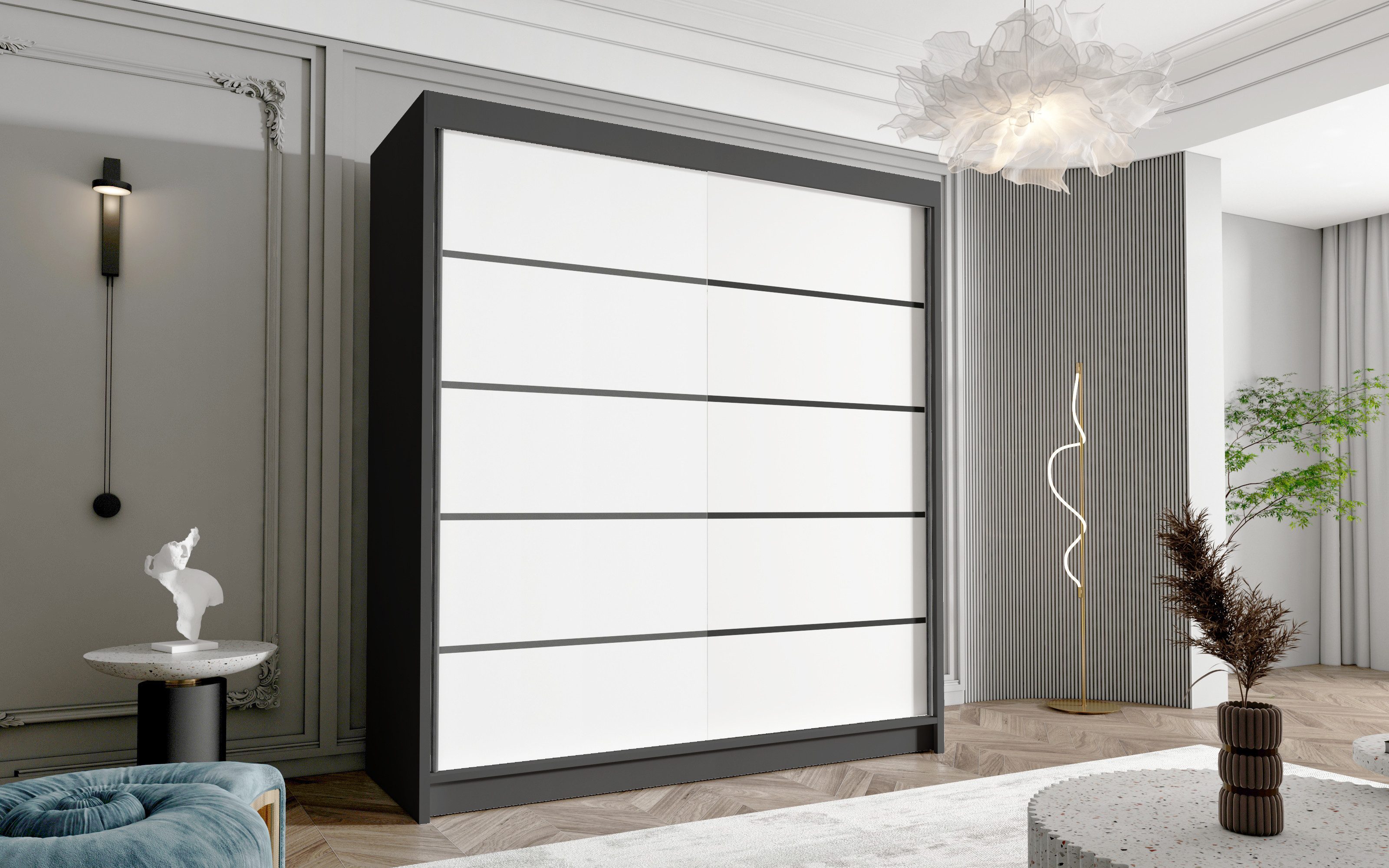 Sofnet Kleiderschrank Harry IV (mit Schiebetüren und Kleiderstange) Schwebetürenschrank mit 2 Türen, Schiebetürenschrank - 180x215x58 cm