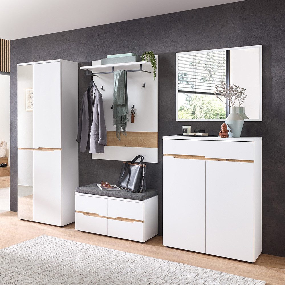 Lomadox Garderoben-Set MANRESA-36-WHITE, (Spar-Set, 5-St., Garderobenschrank Garderobenpaneel Schuhbank Spiegel Schuhschrank), in weiß mit Eiche, grifflos, mit Garderobenbank und Spiegel