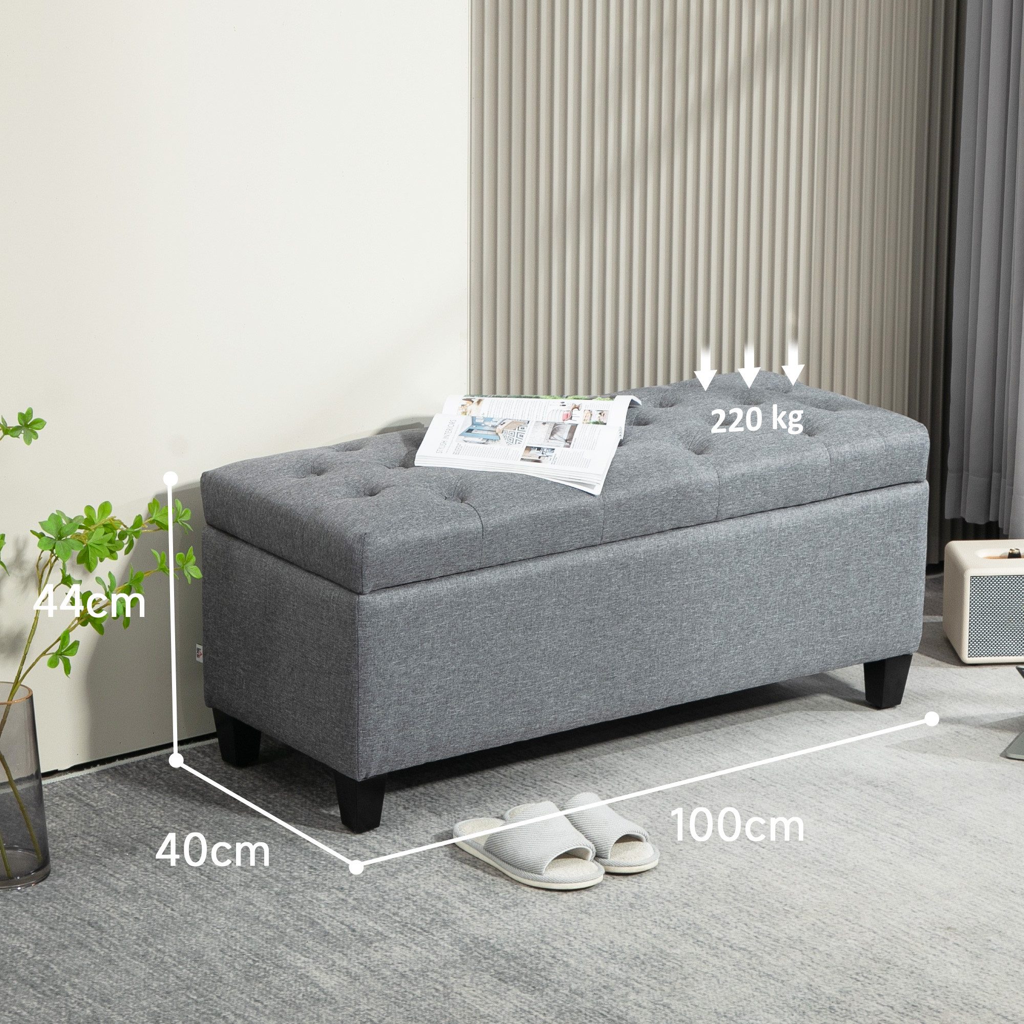 HOMCOM Sitzbank Stauraum mit Leinenoptik, Holzbeine für Flur (Truhenbank, 1-St., Polsterbank), Schlafzimmer, Wohnzimmer, Gummiholz, Hellgrau, 100 x 40 x 44 cm