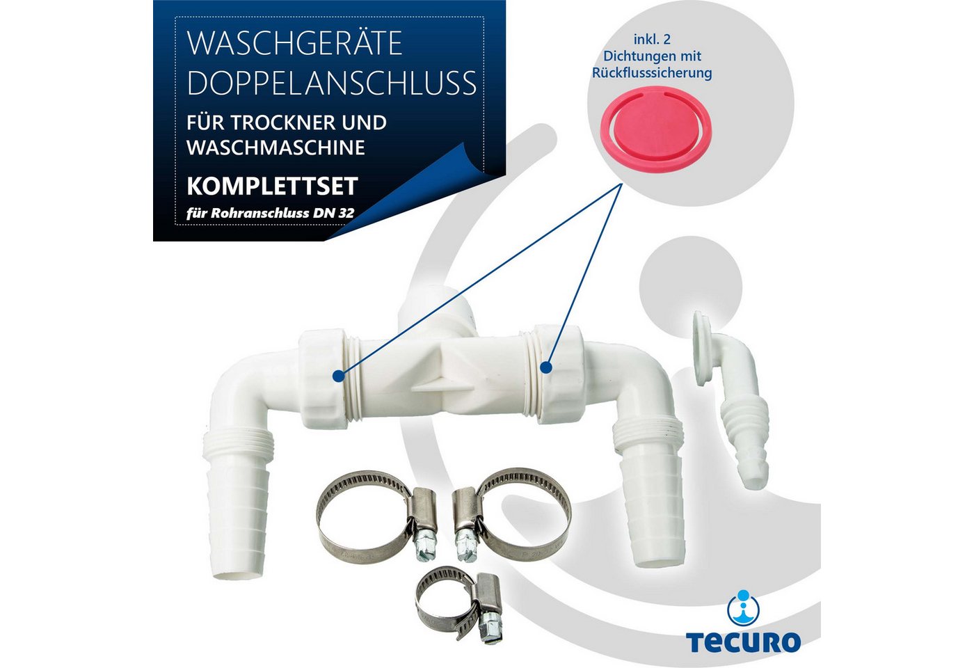 Thumbnail - tecuro Ablaufrohr Ablauf-Doppelanschluss für 2 x Waschmaschine und/oder Trockner, Wandanschluss Ø 32 mm
