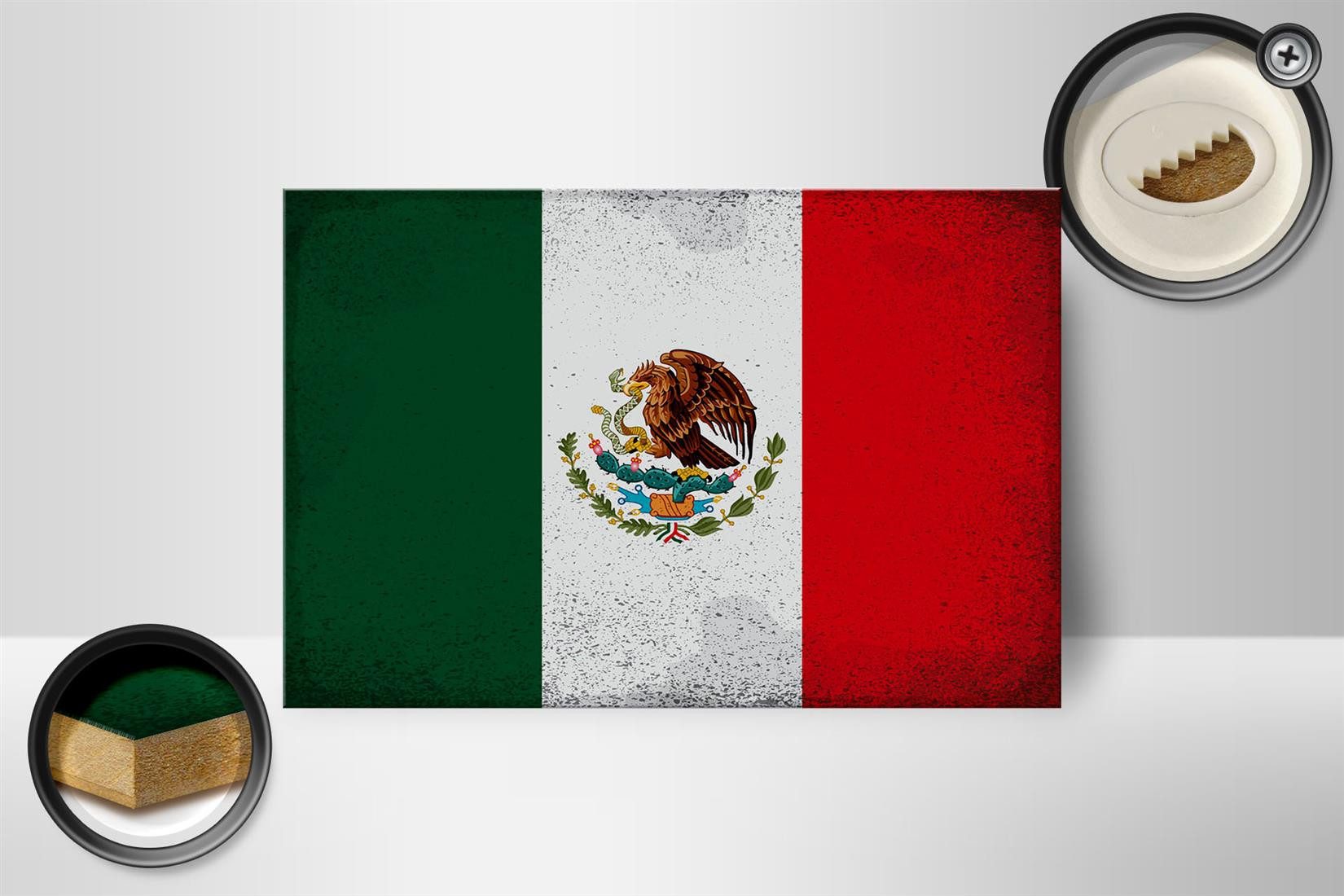 Femer GmbH Holzbild Flagge Mexiko 18x12 cm Flag of Mexico Vintage, Flaggen (1 St), Glatte Holzfaserplatte (MDF), vorn beschichtet