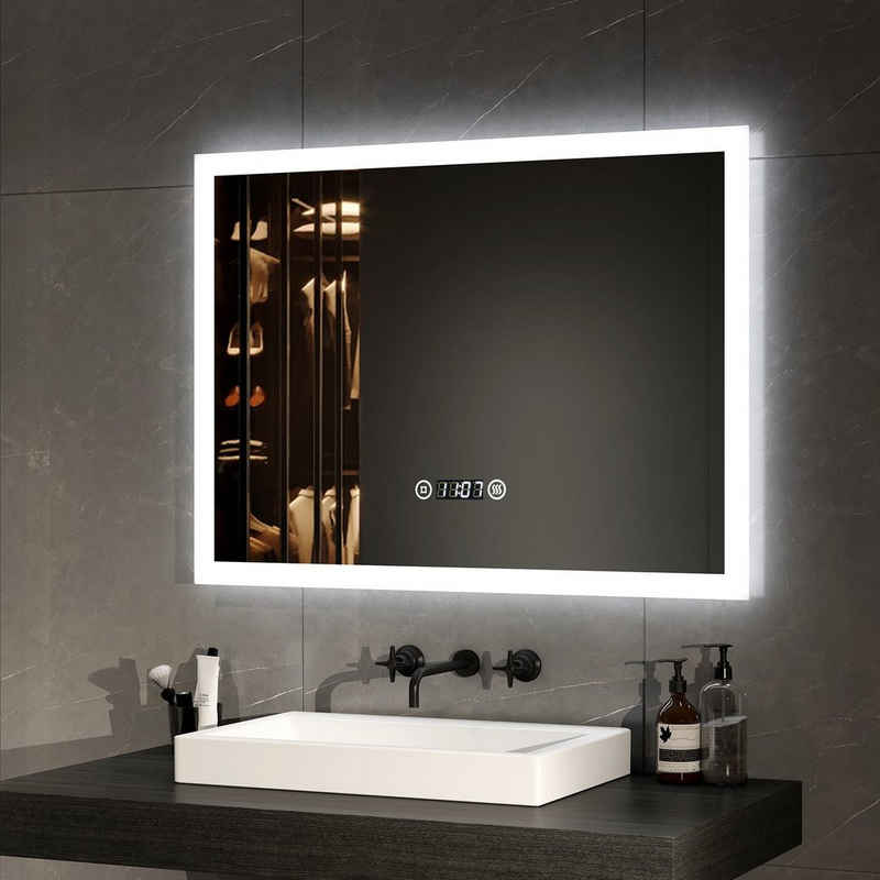 EMKE Badspiegel LED Badspiegel mit Beleuchtung Badezimmerspiegel Wandspiegel, Warmweißes Licht Beschlagfrei Uhr Touchschalter