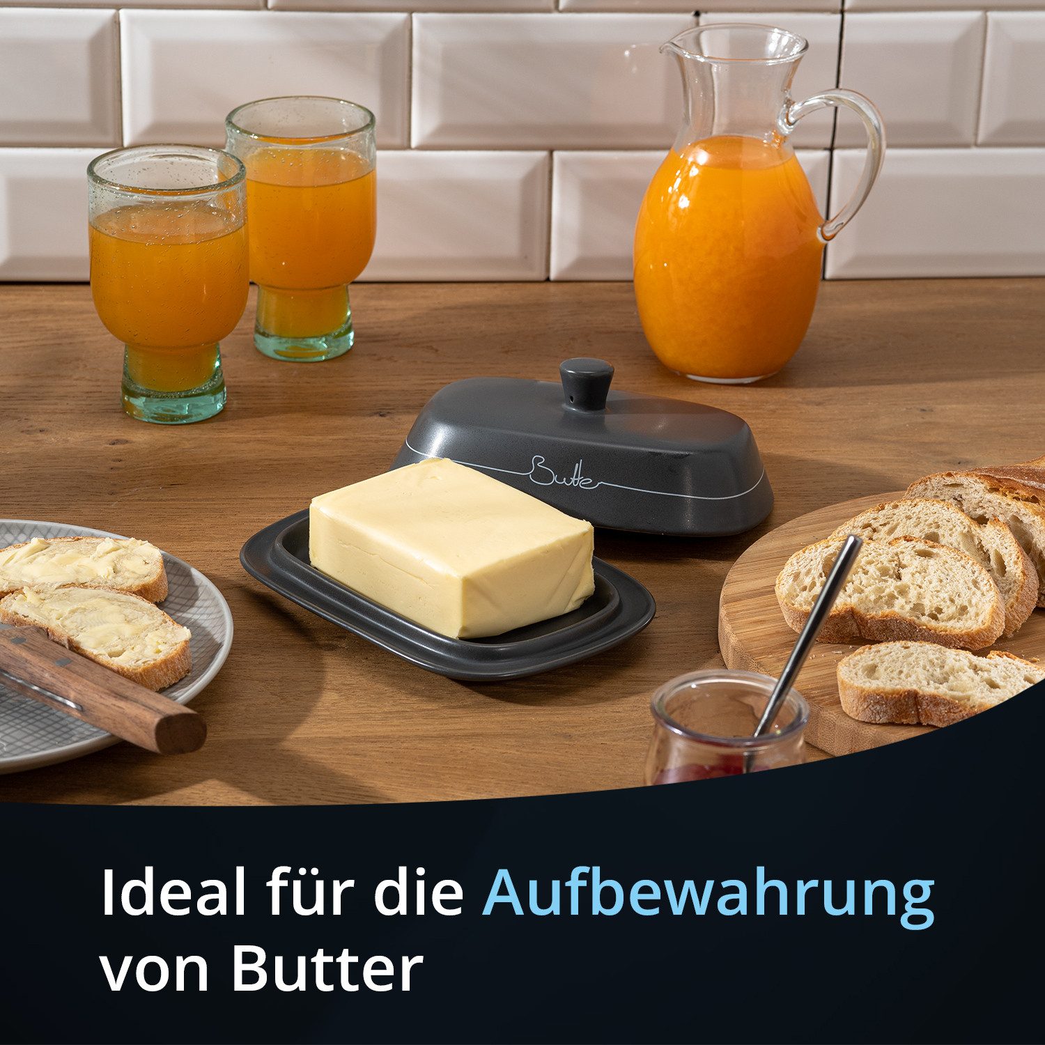 KHG Vorratsdose Butterdose aus Steinzeug in Grau mit Deckel, Steingut, Butterdose aus Steinzeug mit Deckel – praktisch für Küche & Tisch – Bild 2 von 5