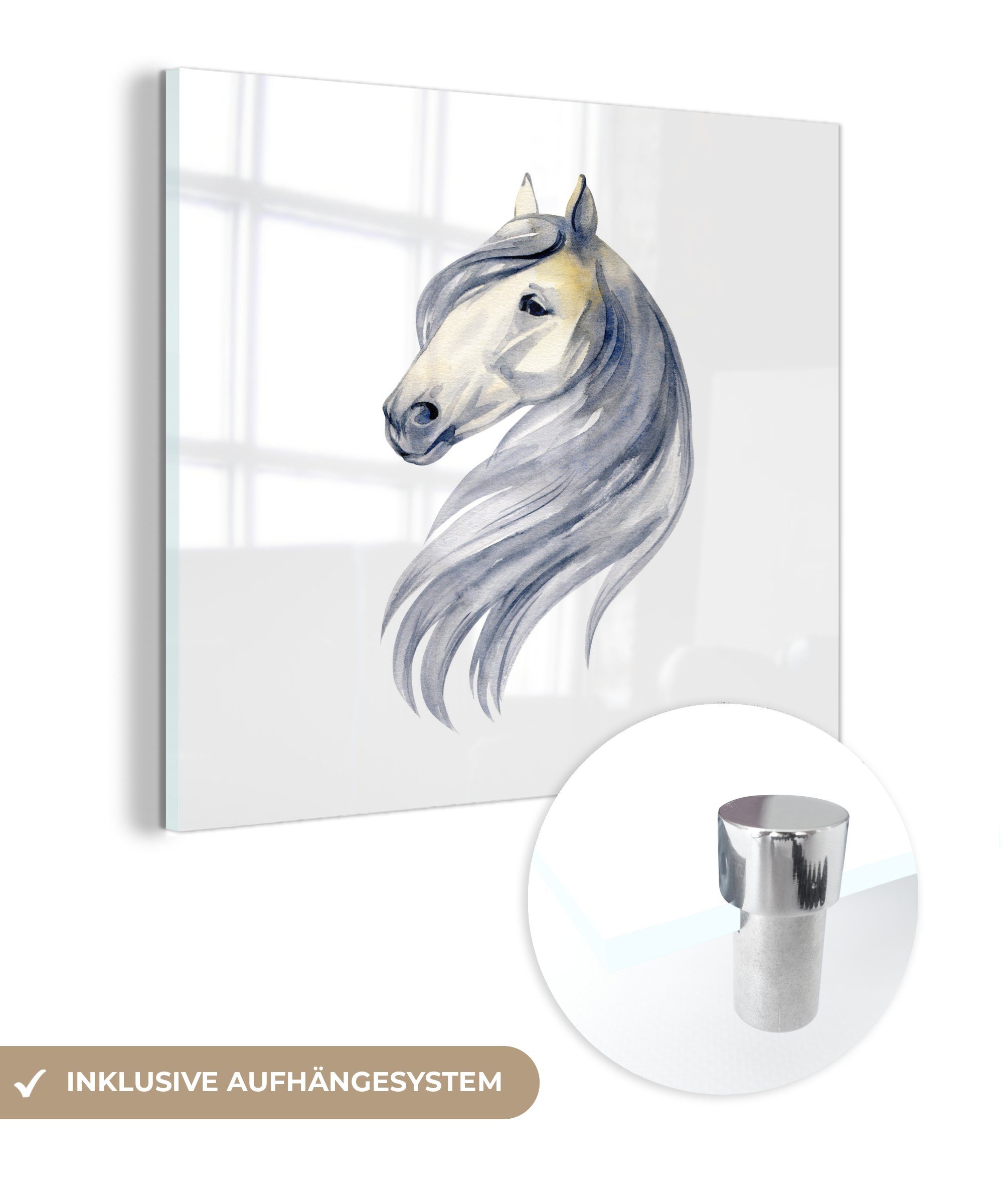 MuchoWow Acrylglasbild Pferd - Aquarell - auf Glasbilder Grau Wanddekoration Wandbild Mädchen - Glas St), - Foto - - (1 auf Kinder - Bilder - Mädchen, Glas