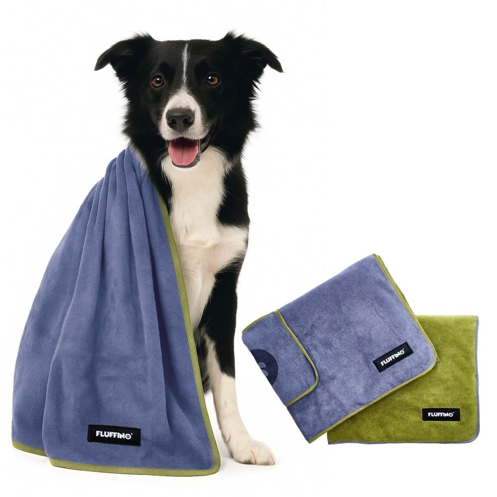 FLUFFINO® Hundehandtuch Mikrofaser – 2er-Pack - 120 x 70 cm - Grau & Grün, FLUFFINO Hundehandtuch (2er-Pack) dog towel (2-pack)