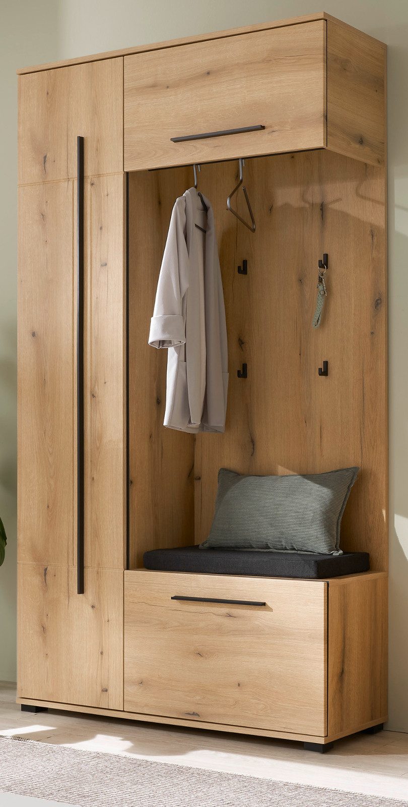 Furn.Design Kompaktgarderobe Design-D (Garderobe Komplett-Set in Evoke Eiche, Breite 111 cm) viel Stauraum auf wenig Fläche, mit Soft-Close