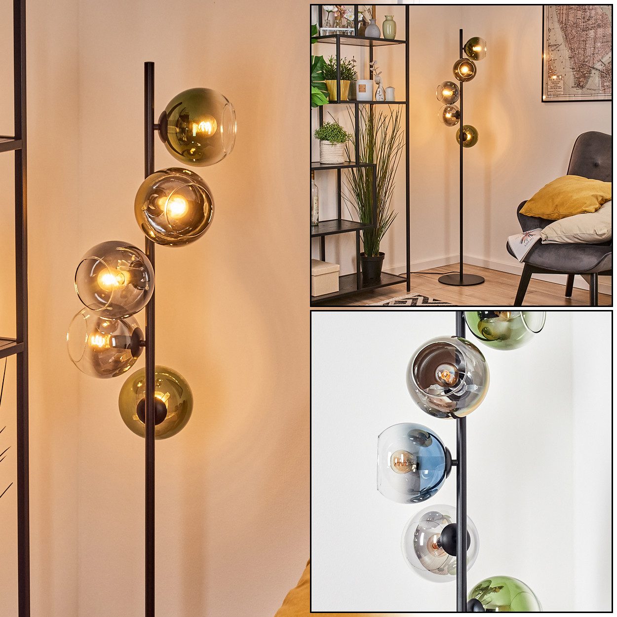 hofstein Stehlampe Stehlampe aus Metall/Glas in Schwarz/Blau/Grün/Gold/Rauch/Klar, Stehleuchte im Retro/Vintage-Design, Fußschalter, 160 cm, 5 x E14
