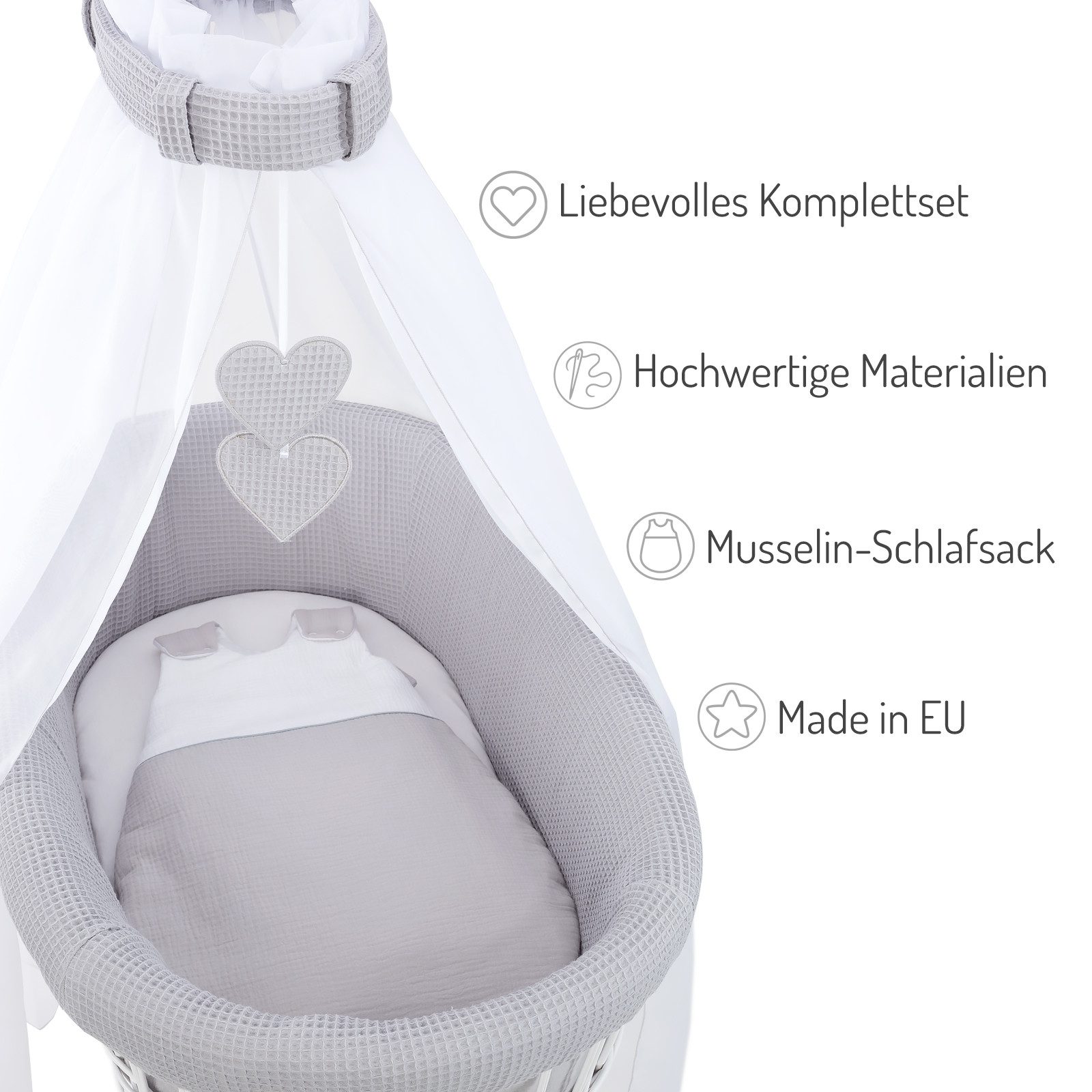 FabiMax Stubenwagen naturbelassen, Komplettset, Musselin & Waffelpiqué, Inkl. Matratze, Nestchen & Schlafsack