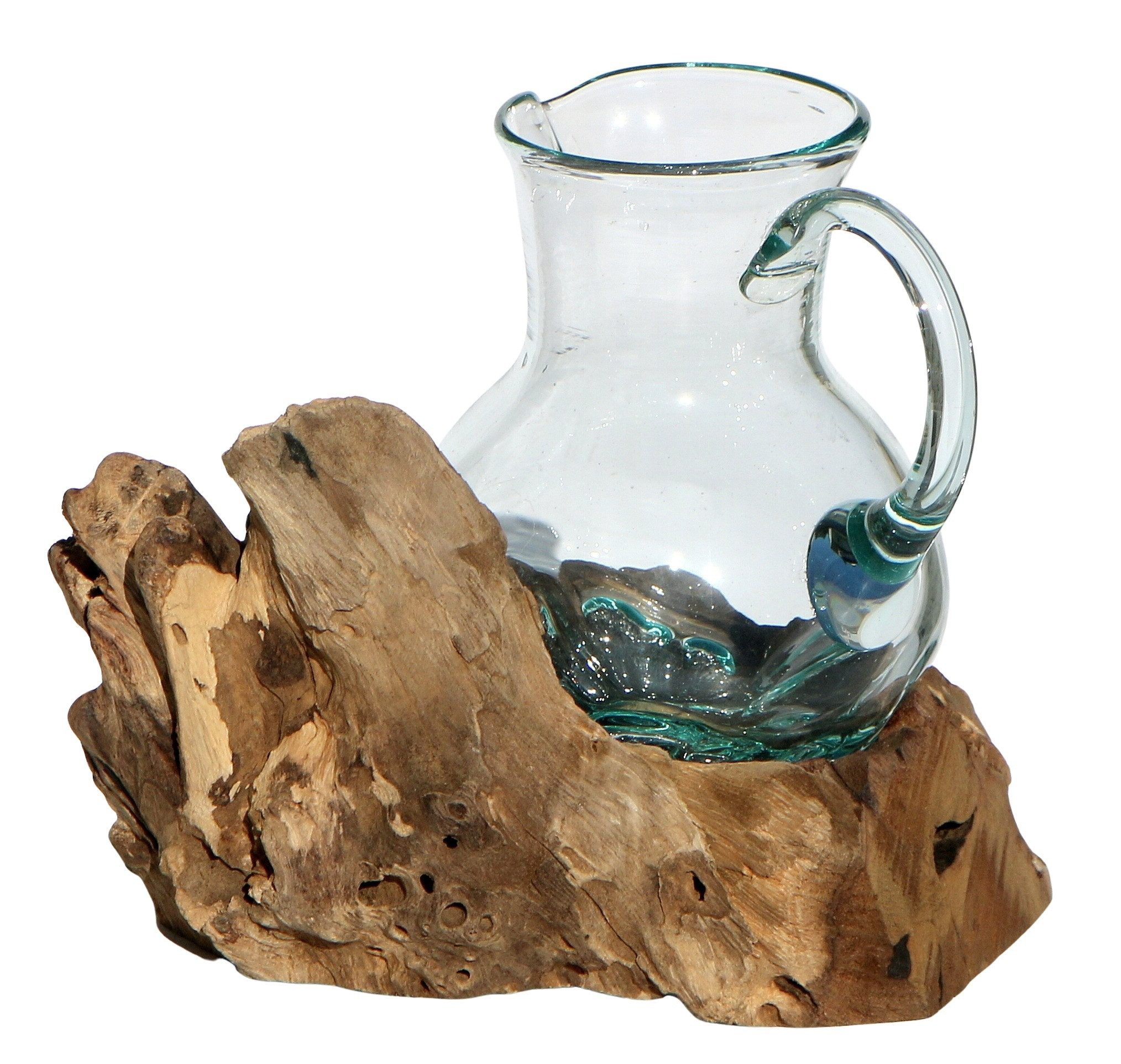 Wogeka Wasserkrug Glas-Krug auf Wurzelholz Kanne Teakholz Gamal Bali Vase