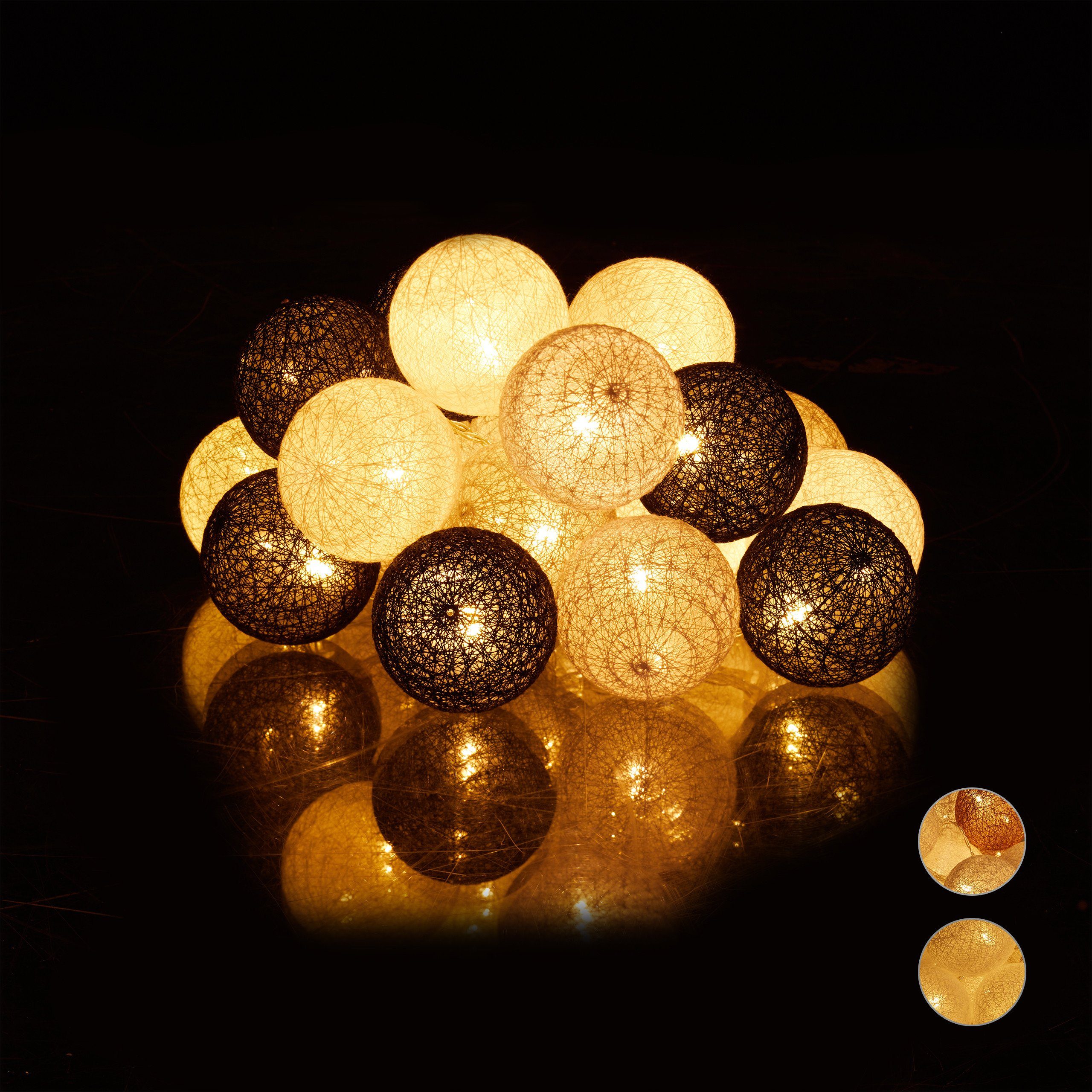 relaxdays LED-Lichterkette LED Lichterkette mit 20 Kugeln, Weiß-Grau-Schwarz