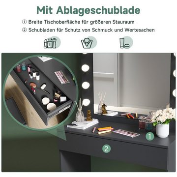 SONNI Schminktisch Schminktisch Weiss/Schwarz mit LED-Beleuchtung, 80x40x140cm, mit Spiegel, Hocker, Schublade,Kosmetiktisch,3 Lichtmodi