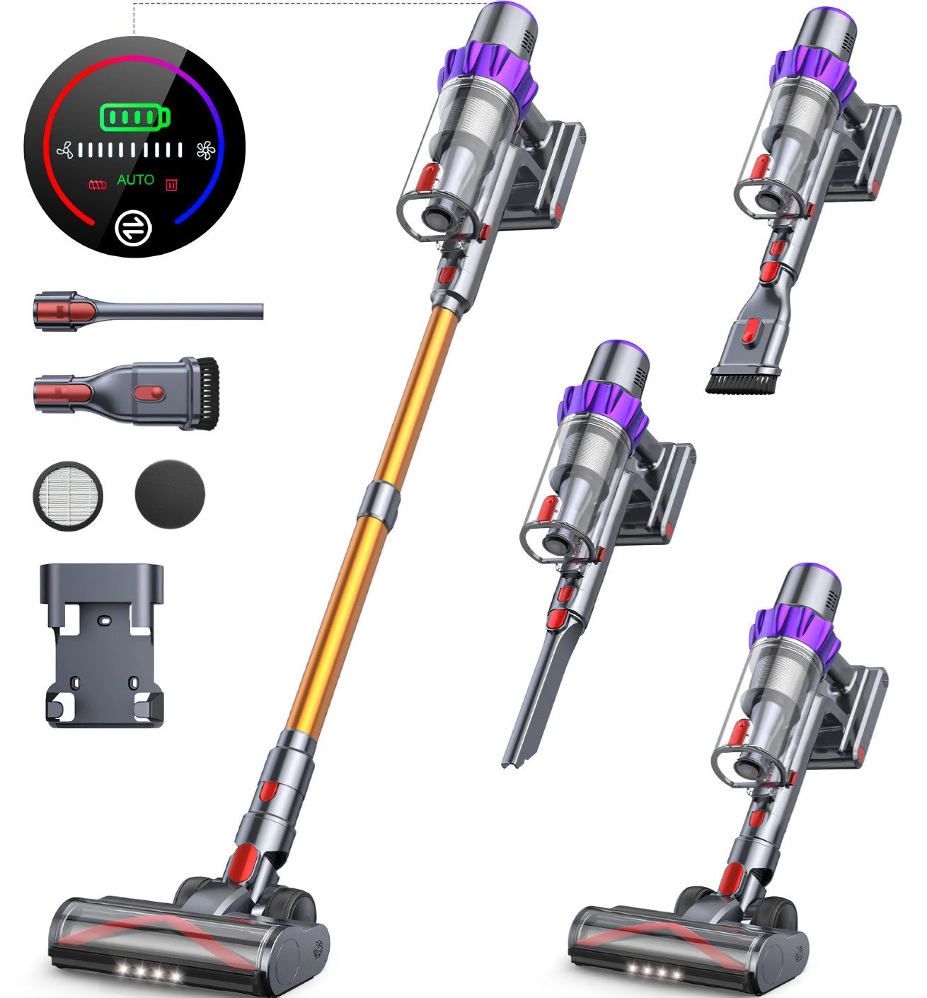 Buture Akku-Hand-und Stielstaubsauger 450W Akku Staubsauger, 38000Pa Ultraleiser Staubsauger Kabellos, 650,00 W, mit Touch Screen, Bis zu 55 Min Laufzeit, 1.5L