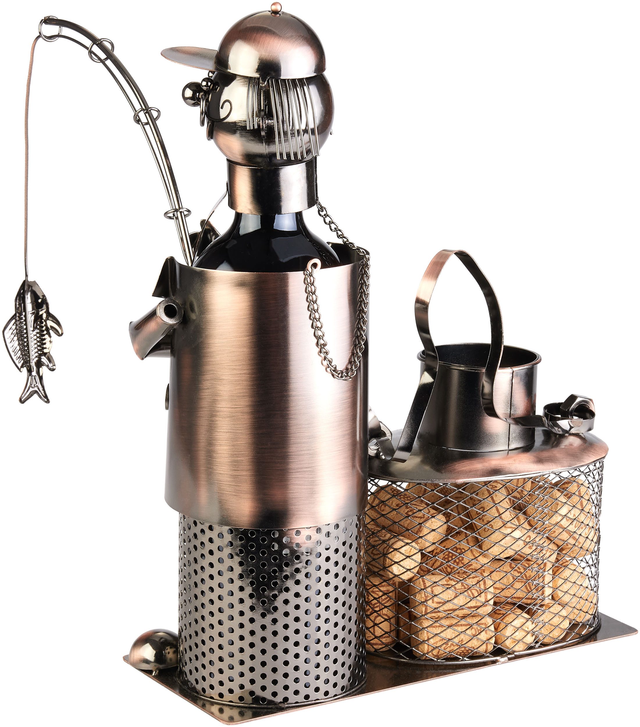 BRUBAKER Weinflaschenhalter Angler mit Fisch und Eimer für Korken Aufbewahrung - Flaschenhalter, (Geschenkset, 1-St., Geschenk Metallfigur), Weingeschenk Metall – Bild 4 von 5