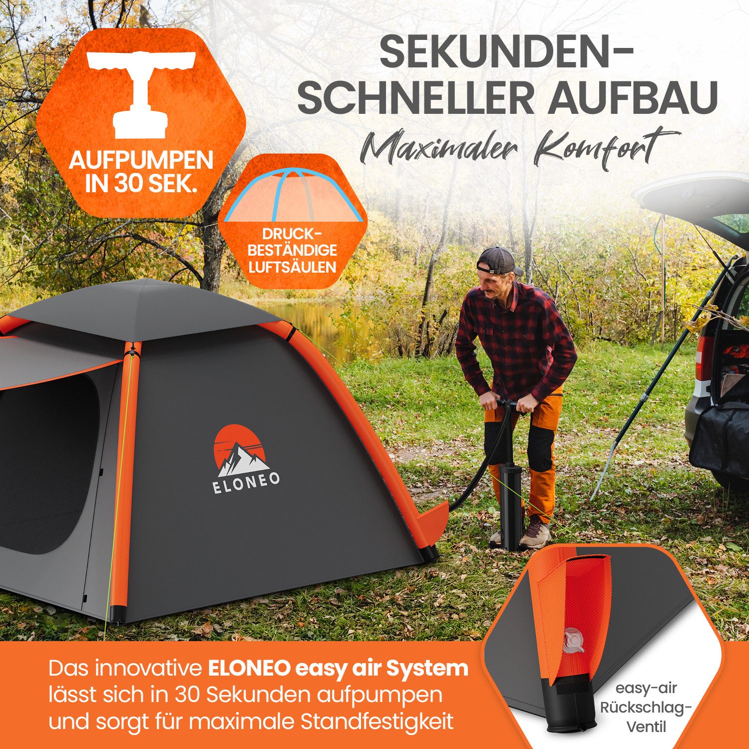 ELONEO aufblasbares Zelt mit Vordach & Luftpumpe, 1-4 Personen, Camping Zelt, Luftzelt, Personen: 4, Familienzelt, wasserdicht, ultraleicht, mit Outdoor Licht/L – Bild 2 von 5