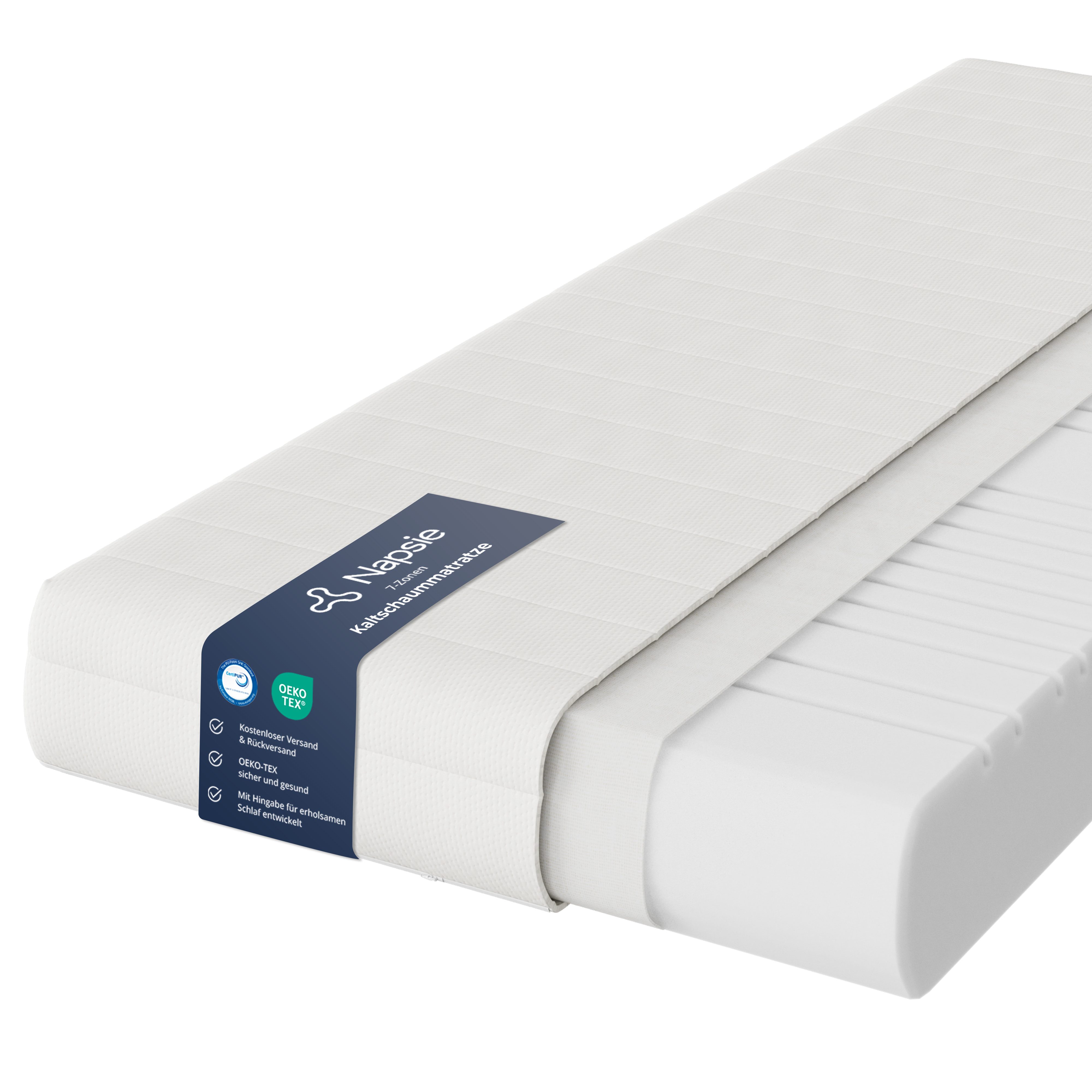 Kaltschaummatratze 7-Zonen Rollmatratze mit waschbarem Bezug, 12 / 16 / 18 / 22 cm Höhe, Napsie, H3, Ergonomische Allround-Matratze für komfortablen Schlaf im Alltag