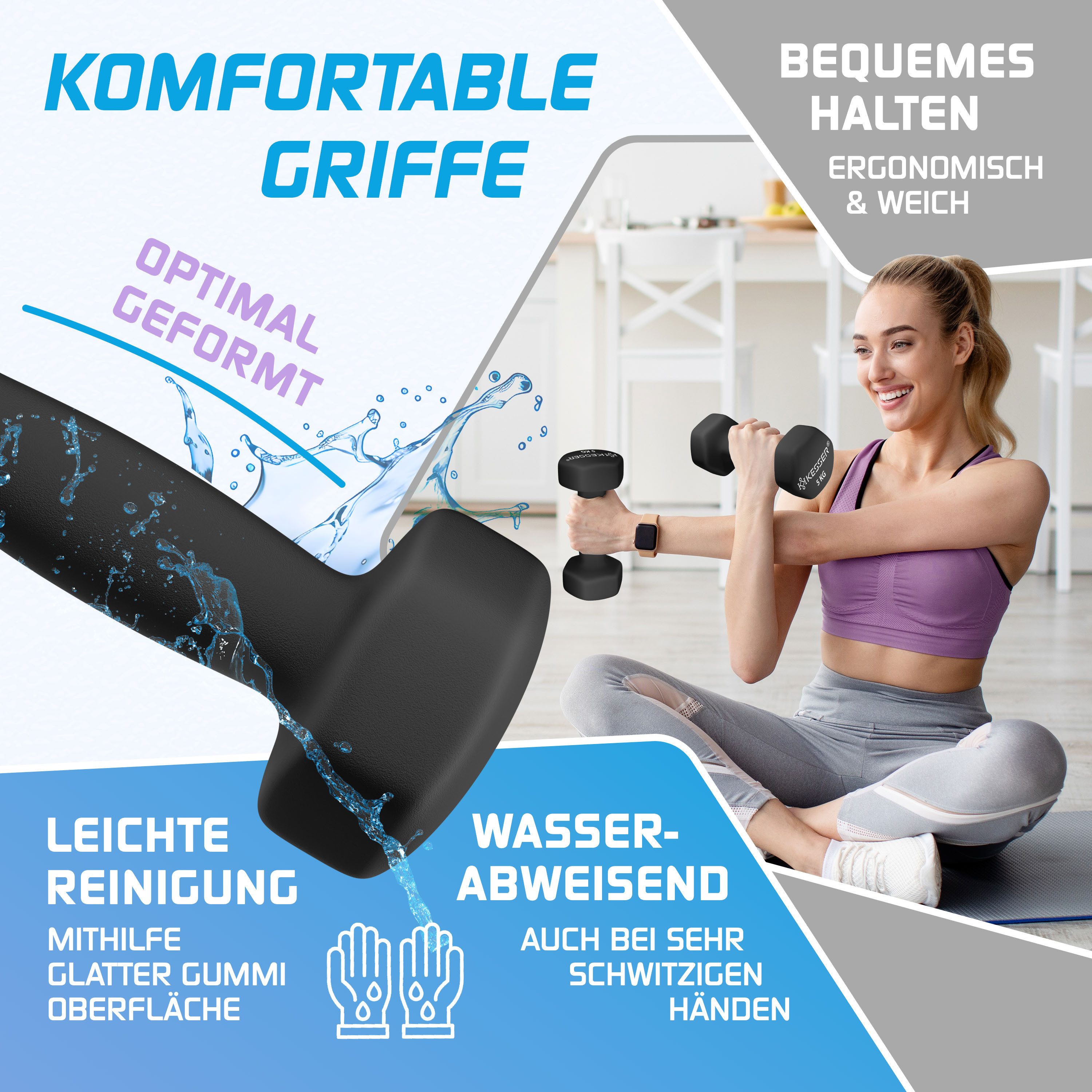 KESSER Hantel-Set, (2 x 5 kg), Kurzhantel Gymnastikhanteln 2er Set mit Übungsheft, 2x Fitnessbänder