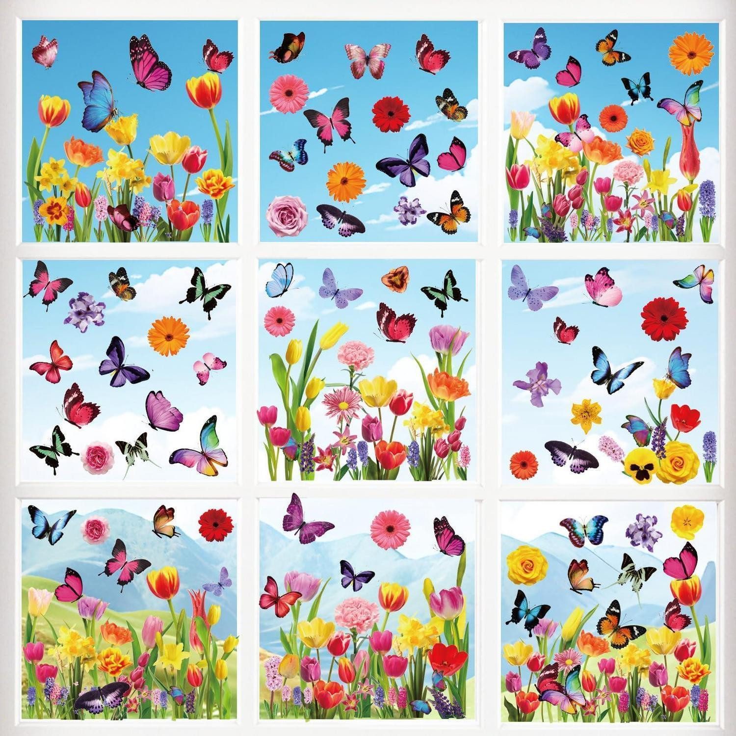 LuxusKollektion Fensterbild Fensterbilder Frühling Deko 9 Blätter Blumen Schmetterlinge