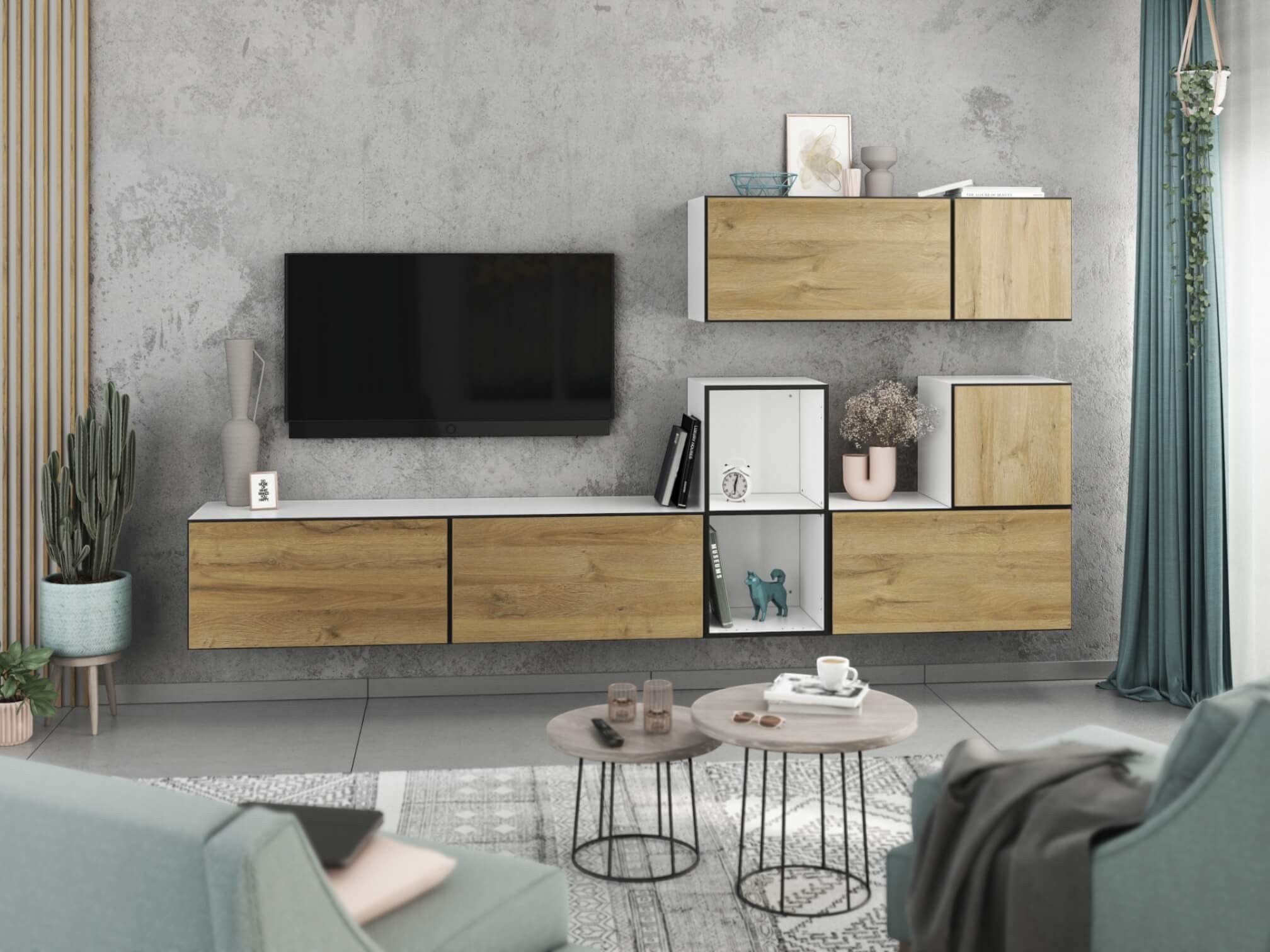 moebel-dich-auf Wohnwand VARIANTO 1, (7- teilig., besteht aus 4x Schrank mit Klappe, 2x Schrank mit Tür,1x offenes Regal), MDF Fronten tiefgezogen, Softclose