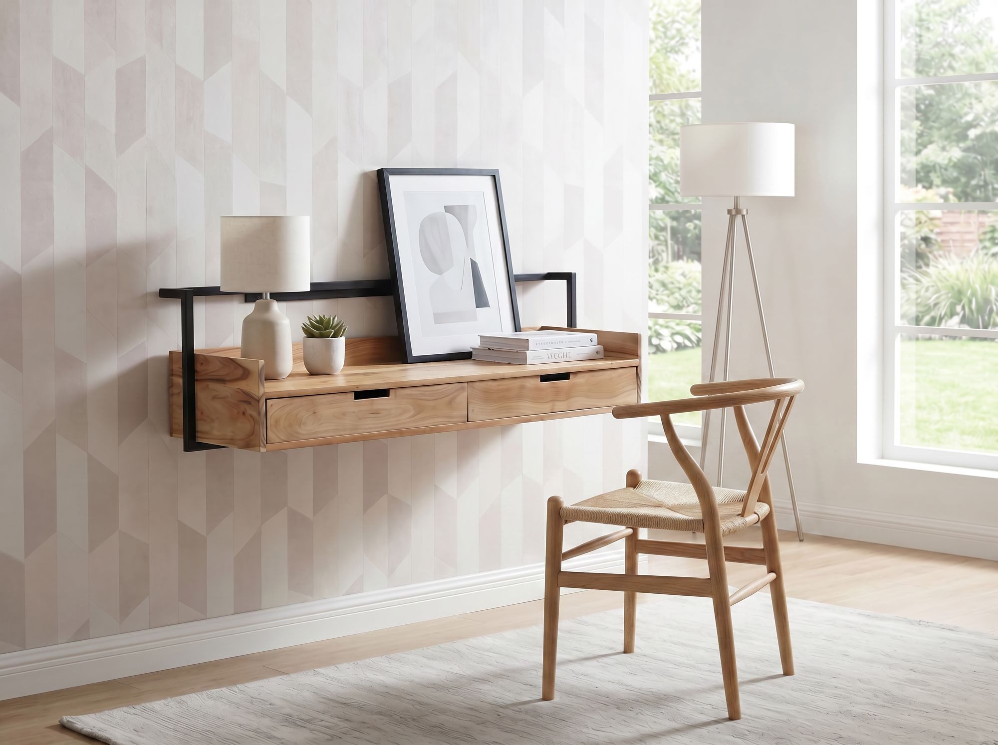 Wohnling Schreibtisch WL7.440 Wandschreibtisch 120cm Massivholz Schreibtisch Schwebend (Platzsparender Laptoptisch aus massiver Akazie), Bürotisch mit Schubladen und robustem Metallrahmen