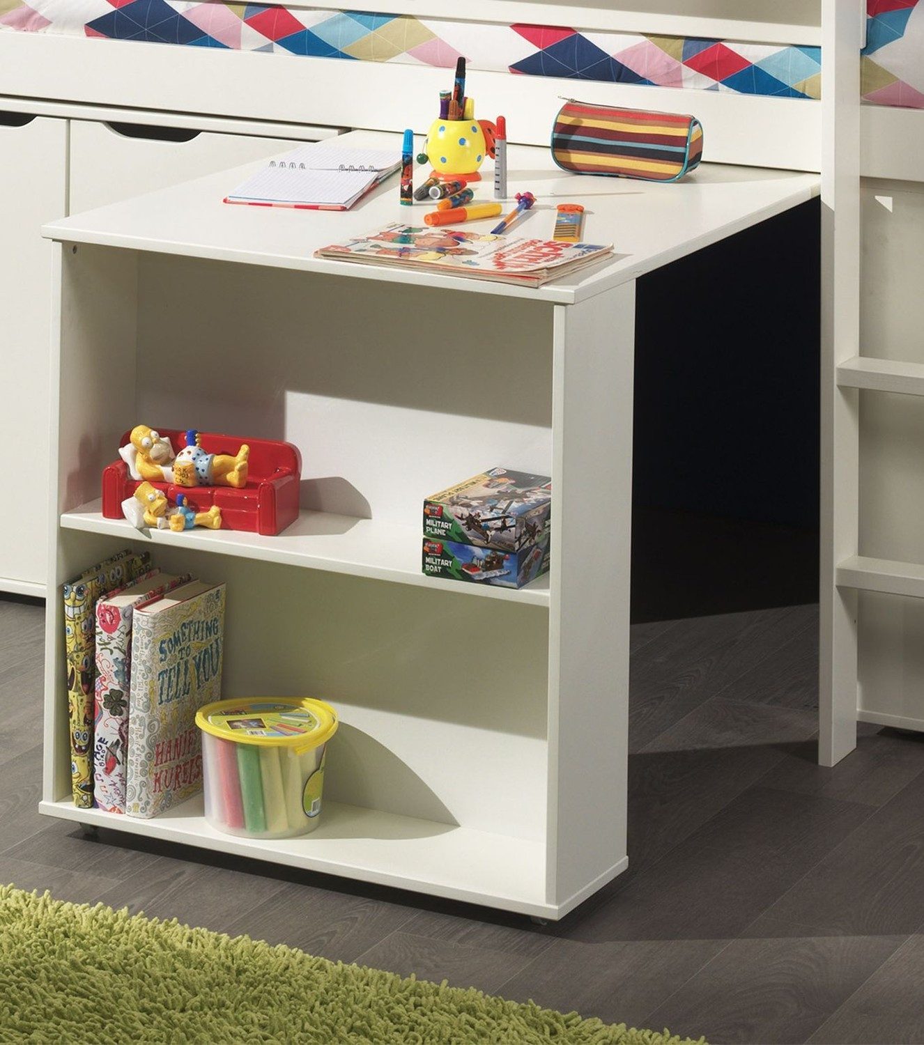 Natur24 Bett Spielbett mit Schreibtisch, Hängeregal und Schubladen-Kommode