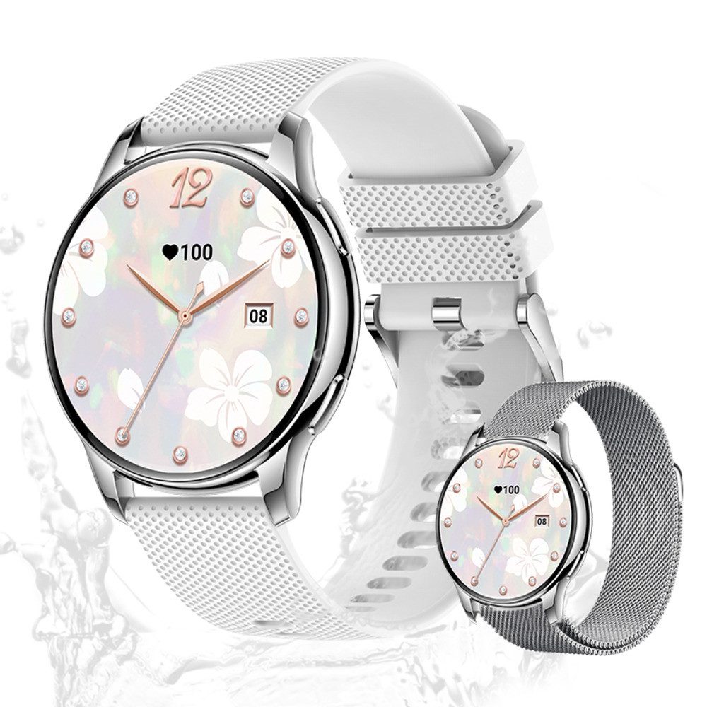 Zevelora Damen's Fitness-Tracker Telefonfunktion Elegant Smartwatch (3,35 cm/1,32 Zoll, Android/iOS) mit AMOLED HD-Touchscreen, und austauschbarem weichem Mesharmband, - 300 mAh mit Herzfrequenzsensor, SPO2, Schrittzähler & GPS-Tracking