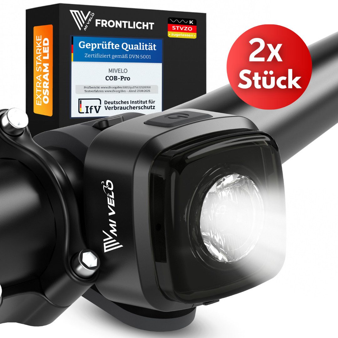 MIVELO Fahrradbeleuchtung COB Pro Fahrradlicht LED Set mit Bremsfunktion Akku USB aufladbar, StVZO zugelassen
