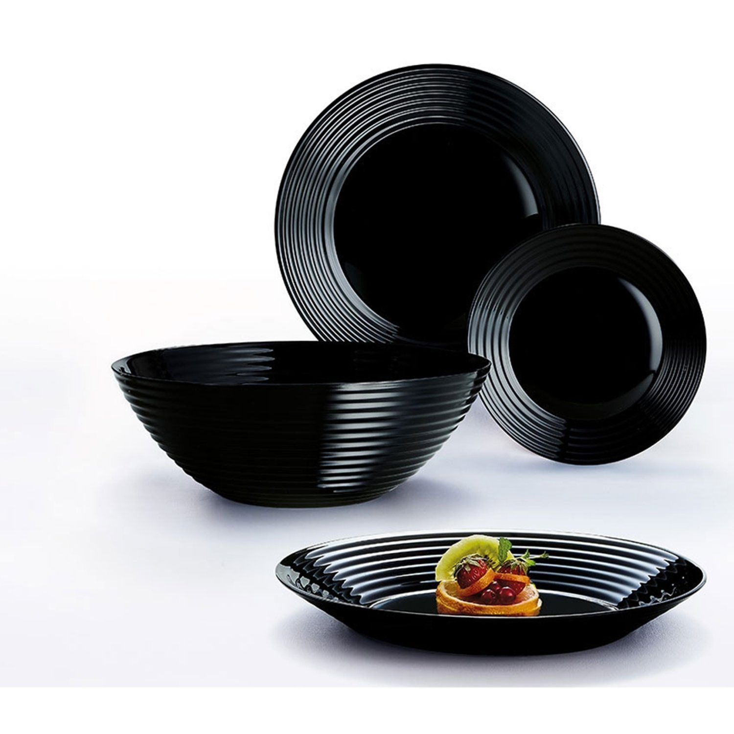 Luminarc Teller-Set Salatschüssel Personen, Schwarz Harena, Dessertteller, Glas, 19-tlg. Teller, 6 Suppenteller