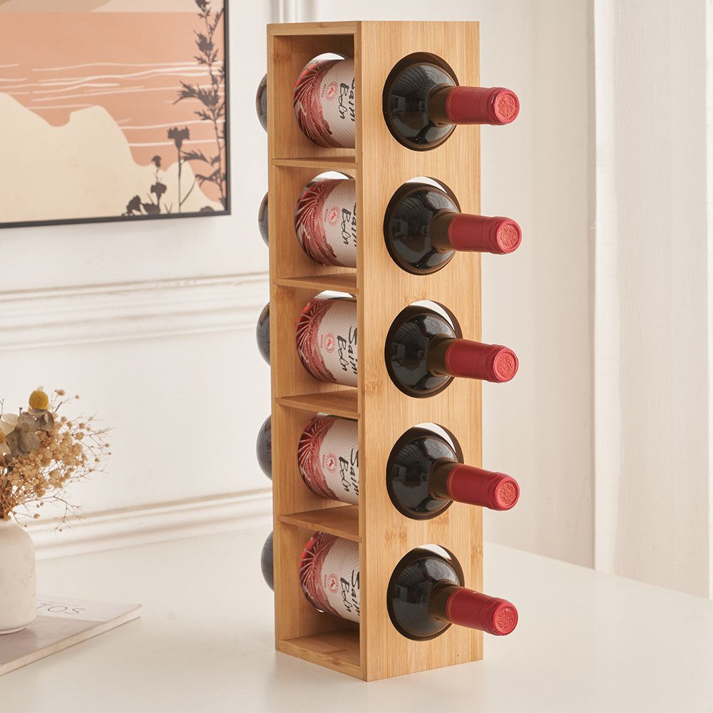 JEOBEST Weinregal Weinregal aus Bambus, Flaschenregal 5 Flaschen Wein, Weinflaschenhalter für Ihre edlen Tropfen