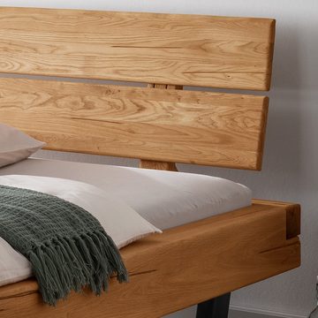 Lomadox Bett UPPSALA-137, Eiche massiv Holzkopfteil schwarze Metallkufen 158/88/228 cm