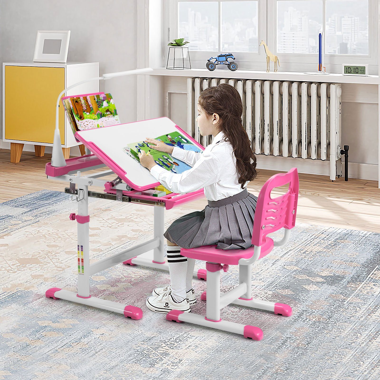 COSTWAY Kinderschreibtisch, mit Stuhl & Lampe, günstig online kaufen