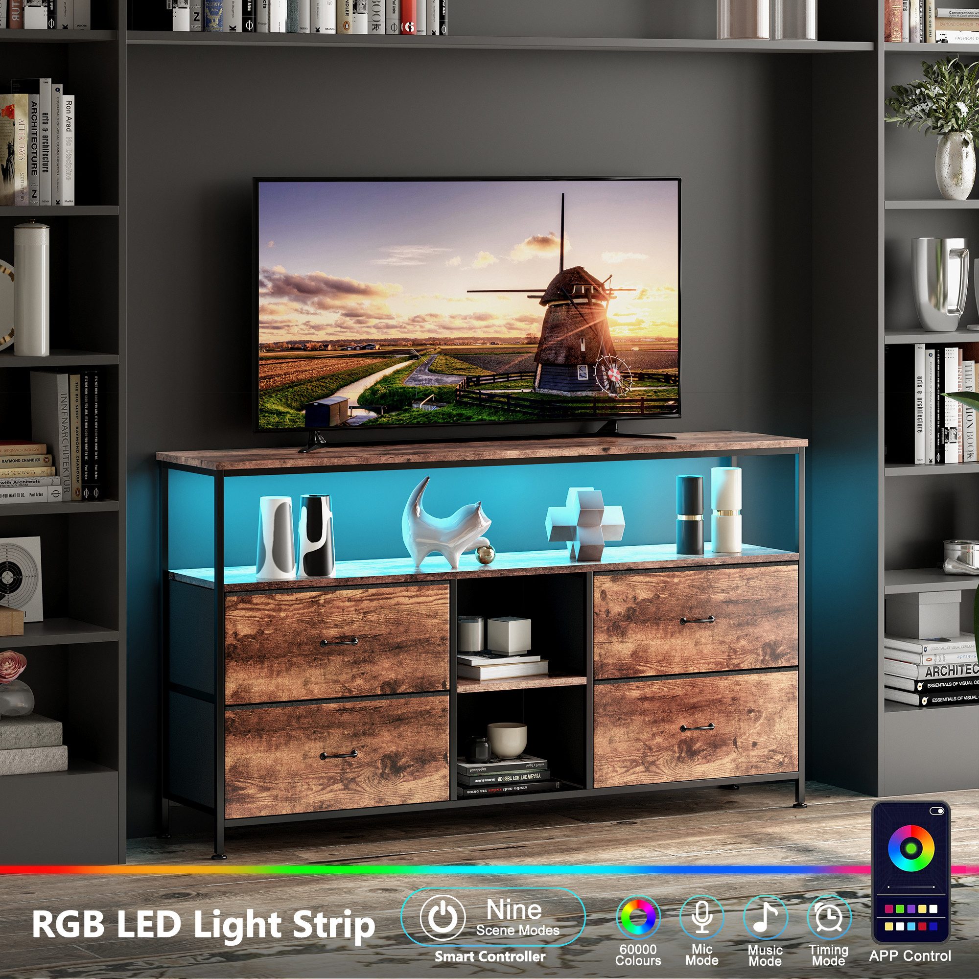 Simurq TV-Schrank Lowboard TV-Bank, mit LED und Schubladen und offenen Regalen (1er Set) mit LED und 4 Schubladen und 2 offenen Regalen, 108x29.8x76.8 – Bild 3 von 5