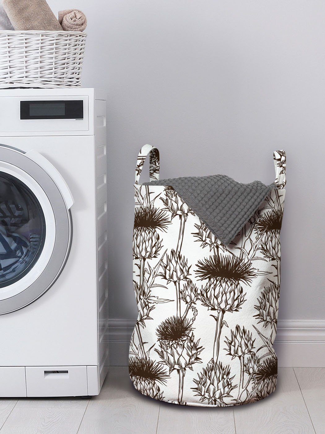 Wäschesäckchen Muster Distel Waschsalons, Wäschekorb Silhouette Abakuhaus für Griffen mit Kordelzugverschluss