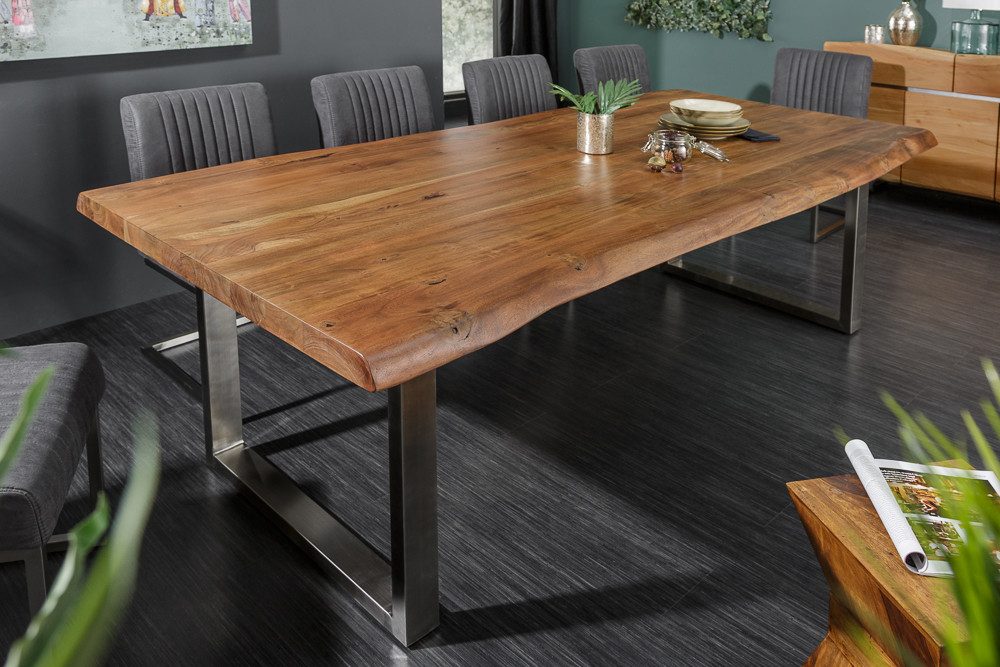 riess-ambiente Baumkantentisch MAMMUT 180cm natur/silber - Akazie, Edelstahl, U-Gestell, Baumkante (Einzelartikel, 1-St), Urbaner Massivholztisch für 8 Personen - ideal für Wohn- & Esszimmer