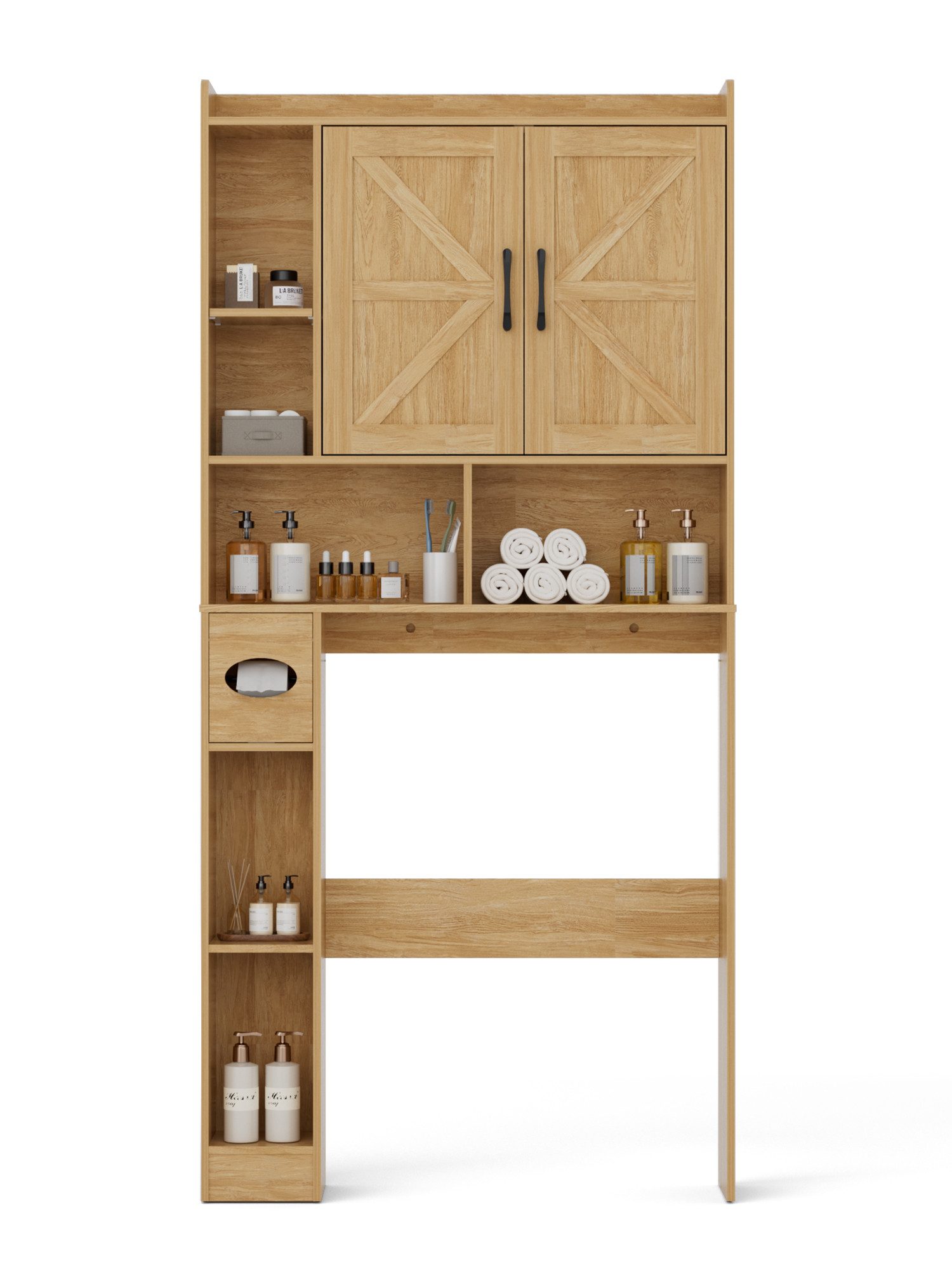 FiveWillowise Badkommode Badezimmerregal mit Schrank - 82x20x172 cm (1 St), Eiche Rattan, Toilettenschrank mit Türen & Regalen