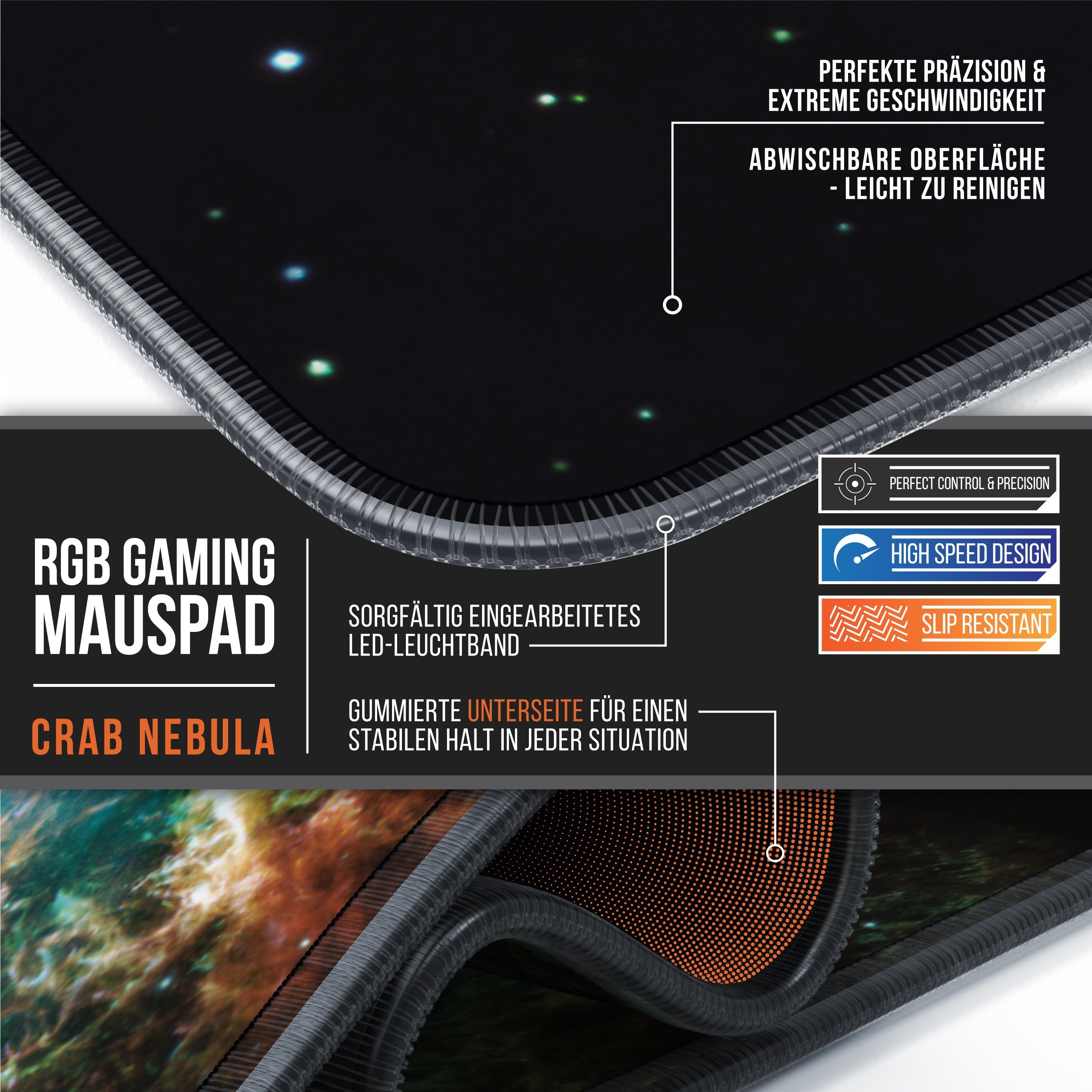 Titanwolf Gaming Mauspad RGB Mousepad 800 x 300 x 3 mm, LED Multi Color XL Tischunterlage (1-St), rutschfest, abwaschbar, Geschwindigkeit & Präzision, Galaxie G – Bild 5 von 5