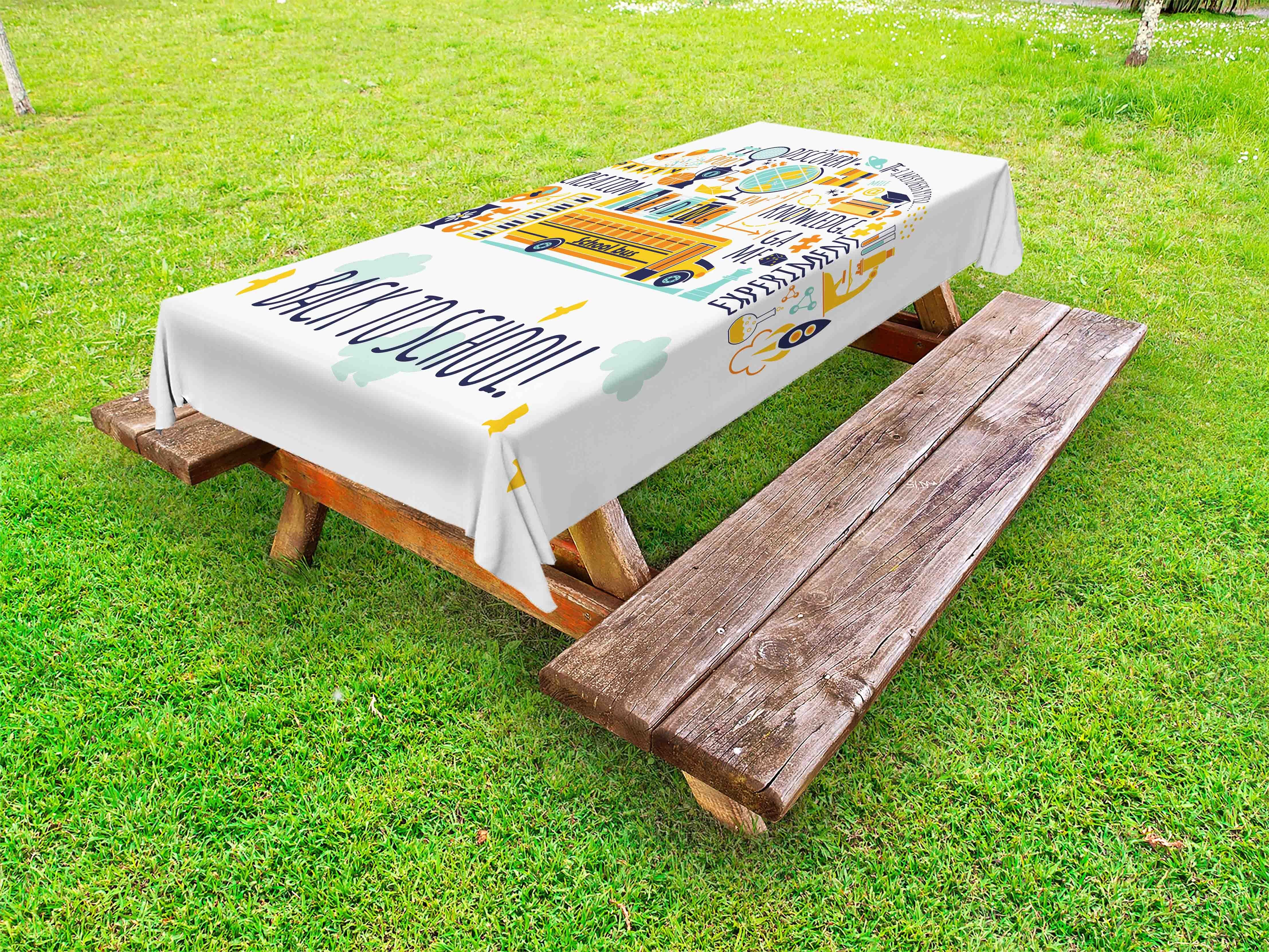 Abakuhaus Tischdecke dekorative waschbare Picknick-Tischdecke, Schulbus Doodle mit Typografie