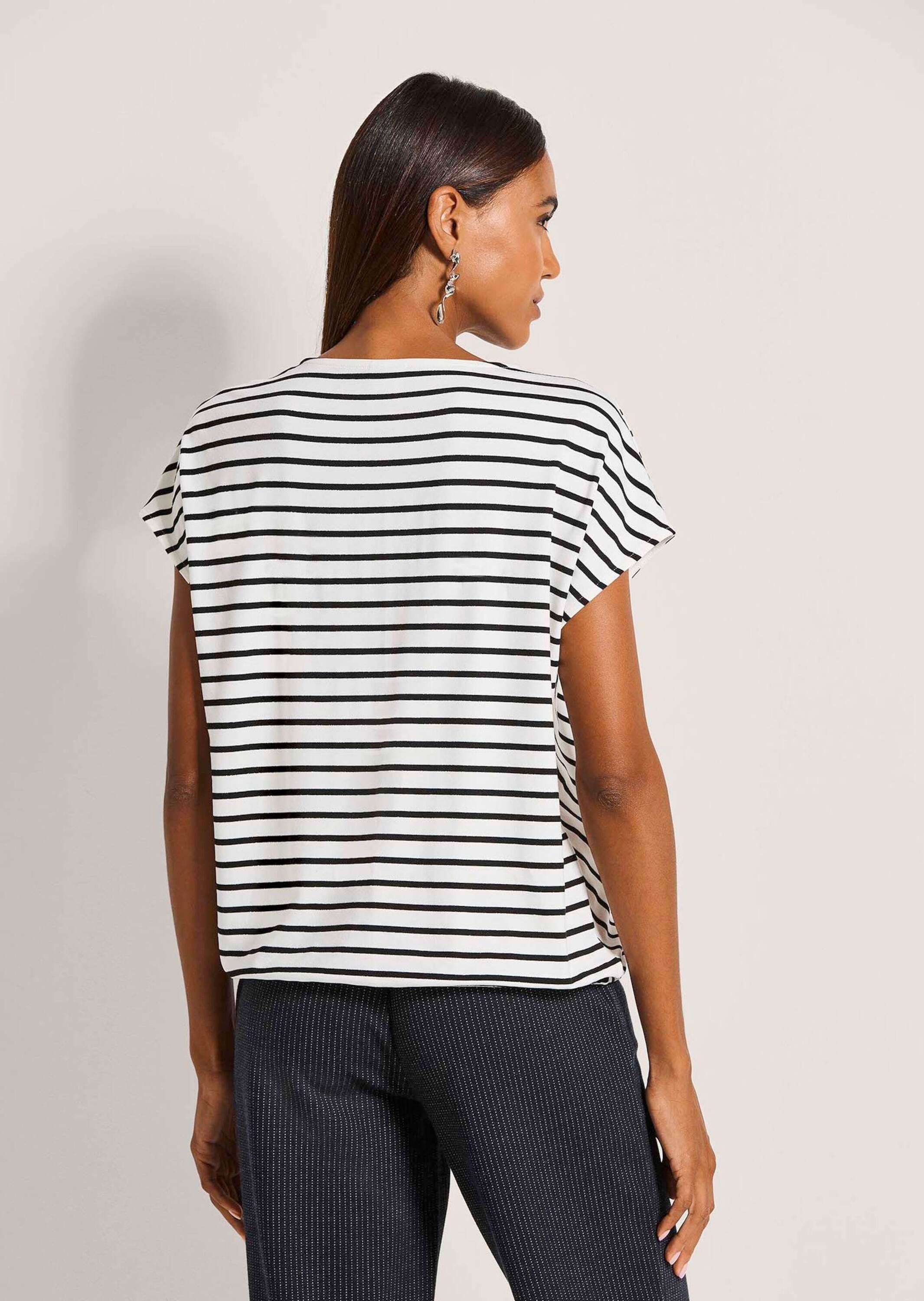 MADELEINE Kurzarmshirt Glanzshirt mit Streifenmuster Streifenbluse mit V-Ausschnitt, elastischem Saum und Kurzarm