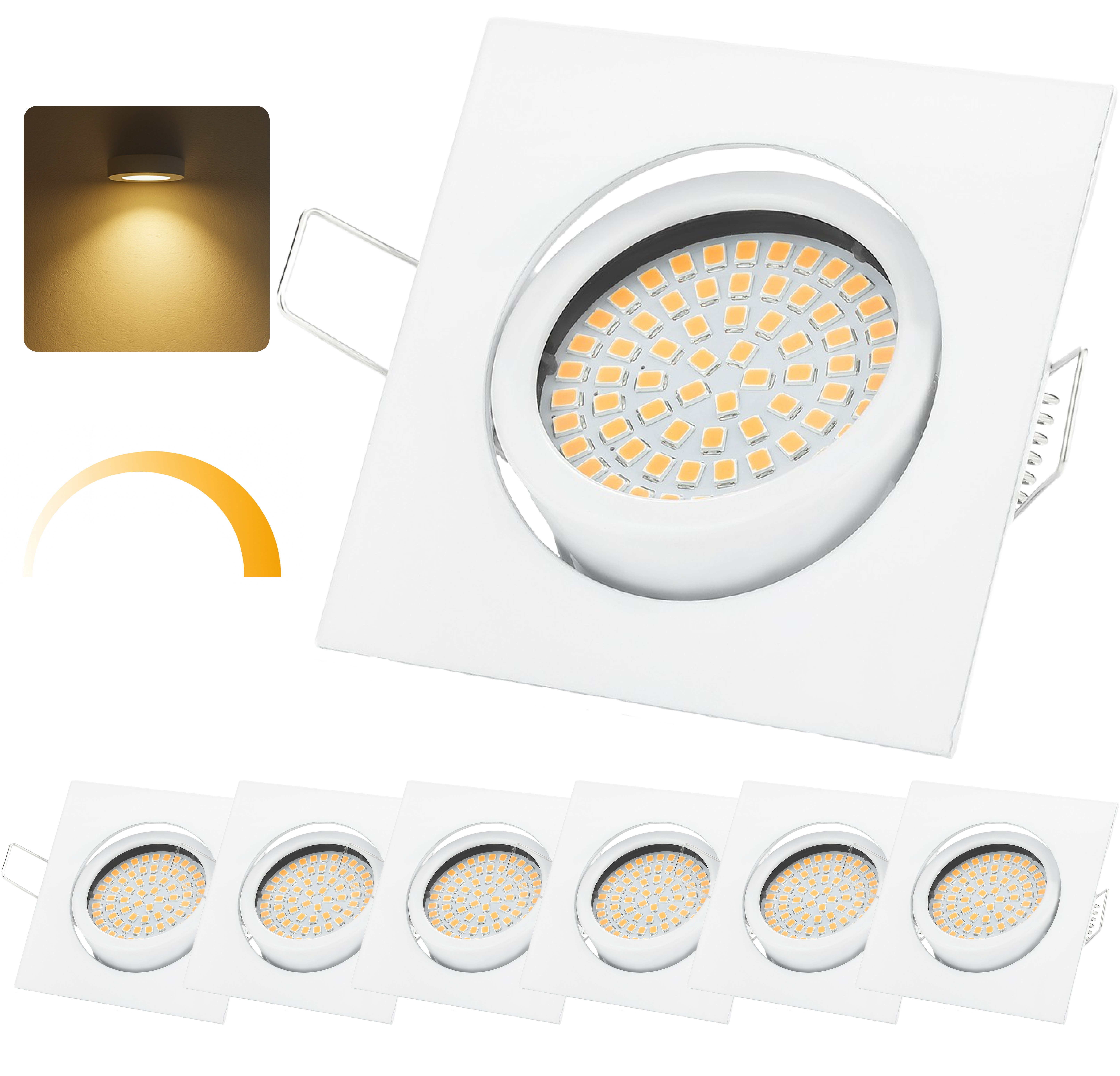 Sweet LED LED Einbaustrahler 6er Set 5 W Deckenspots Flach dimmbar 230V weiß eckig, Dimmfunktion, LED fest integriert, warmweiß, 3000K, Deckenstrahler, 82 x 82 mm, Einbauleuchten