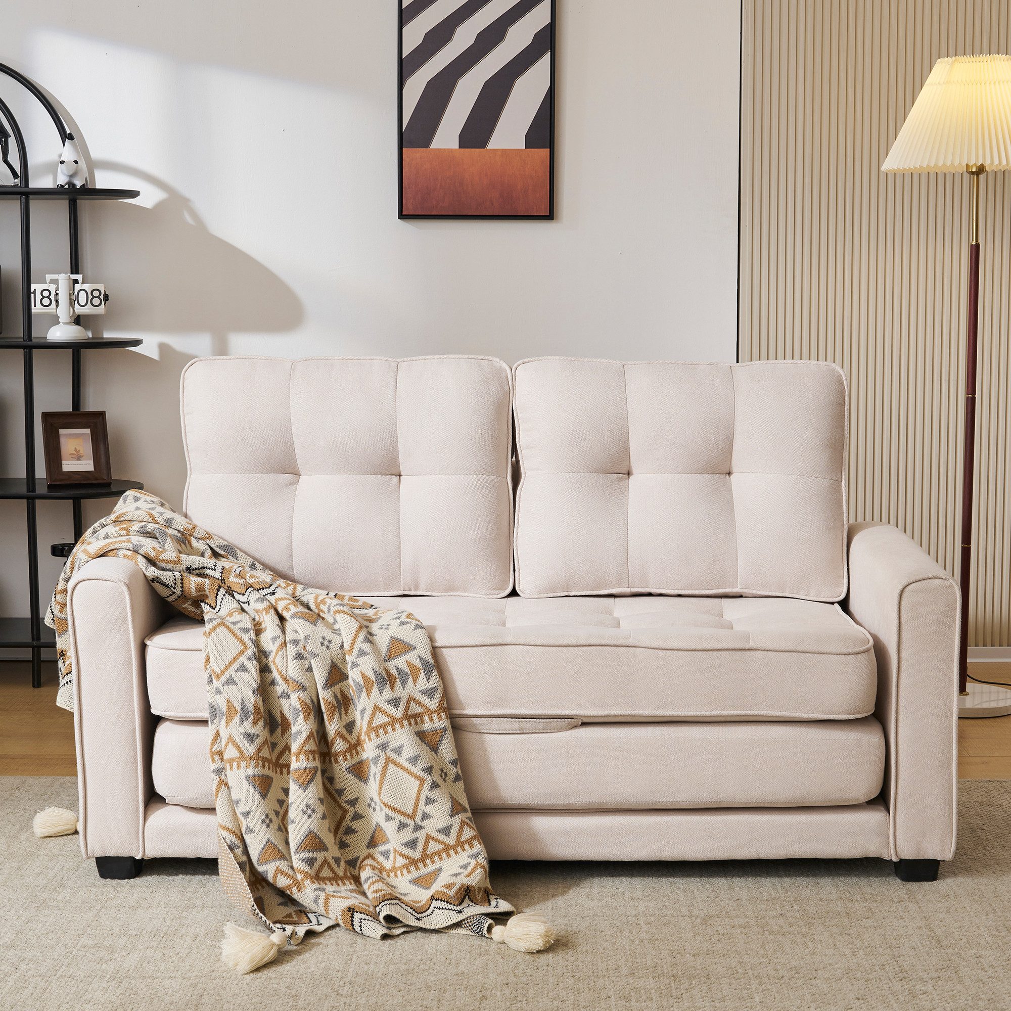 KLAM HOME Schlafsofa 2-Sitzer Klappbare Gästebettfunktion Doppelsofa mit Schlaffunktion, Gepolstertes Sofa mit Seitentaschen Bequeme Liegefläche:127cm x169cm