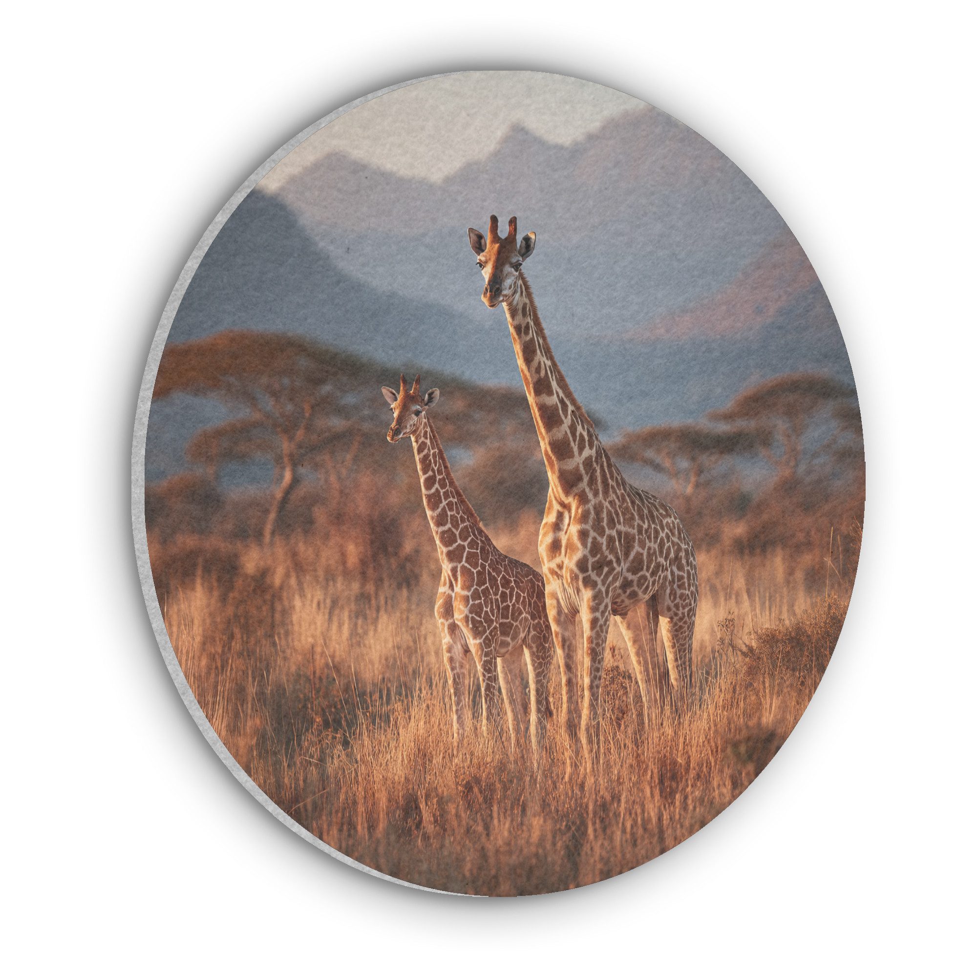 MuchoWow Gemälde Giraffen - Hohes Gras - Akazienbäume, Fotodruck (1 St), Akustikpaneele rund, Schalldämmung, Akustikbilder 30x30 cm