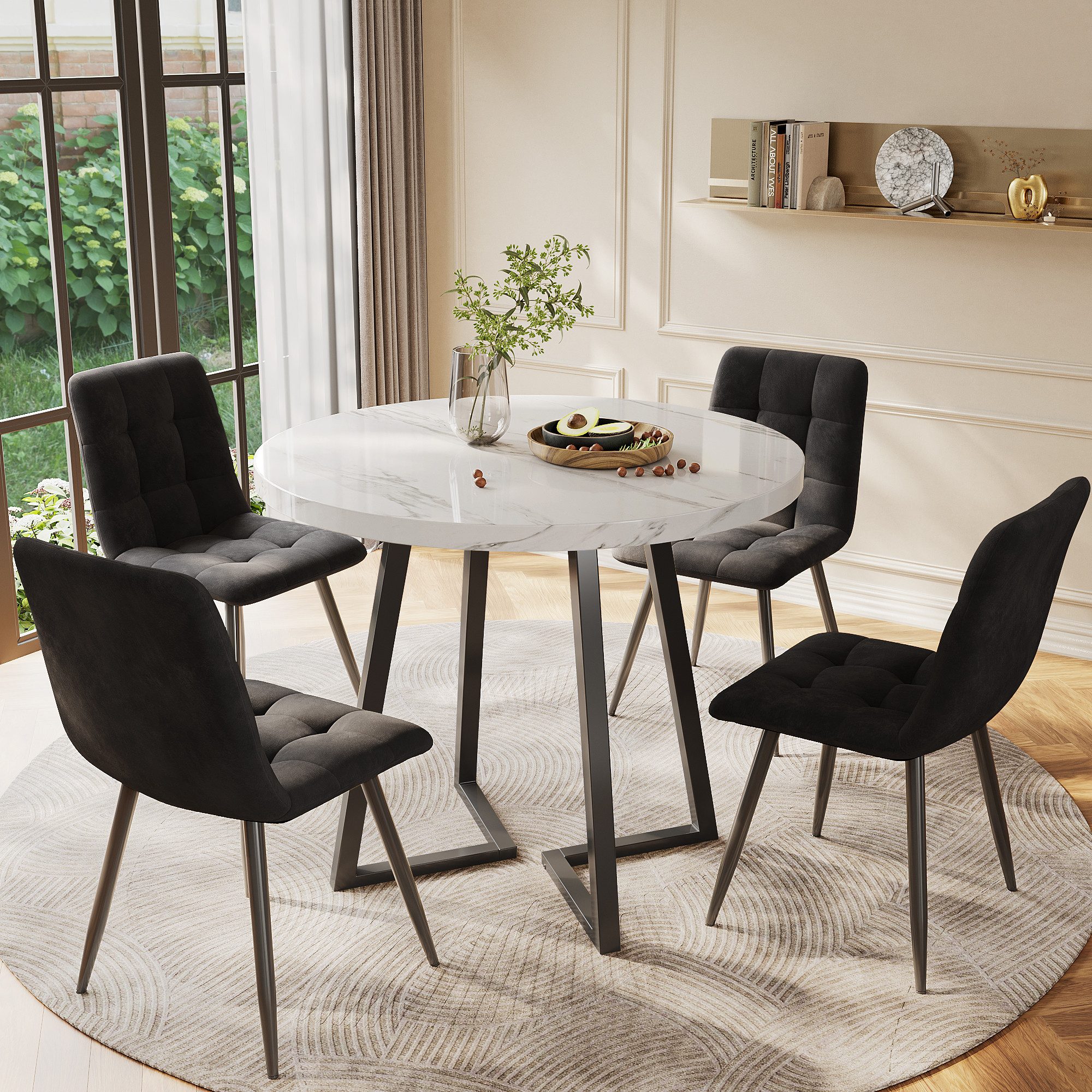 Essgruppe Stuhl-Set 5-tlg., Tisch Durchmesser 80 cm, Samtstühle, Metallgestell