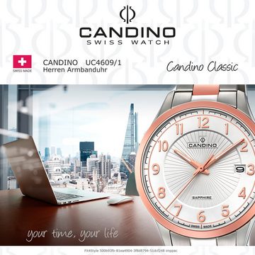 Candino Quarzuhr Candino Herren Uhr Analog C4609/1, Herren Armbanduhr rund, Edelstahlarmband roségold, silber, Elegant